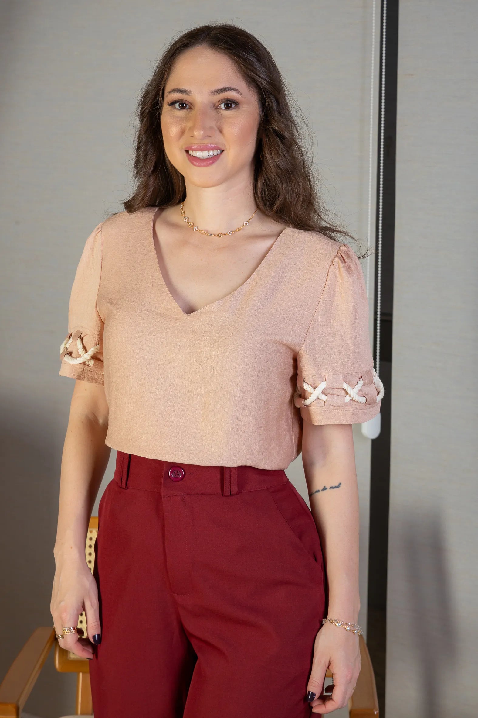 Blusa Manga Curta Detalhe Trançado Visco Nature Dira Paes Rose