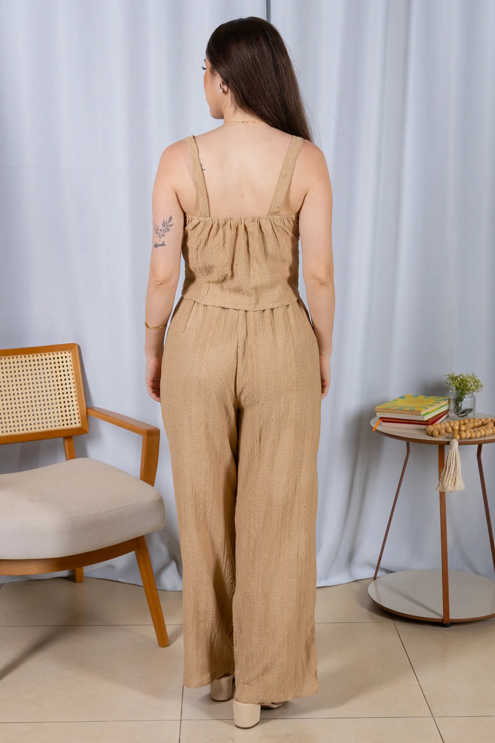 Calça Pantalona Bordado e Cós com Elástico Cepe Soft Carla Bege