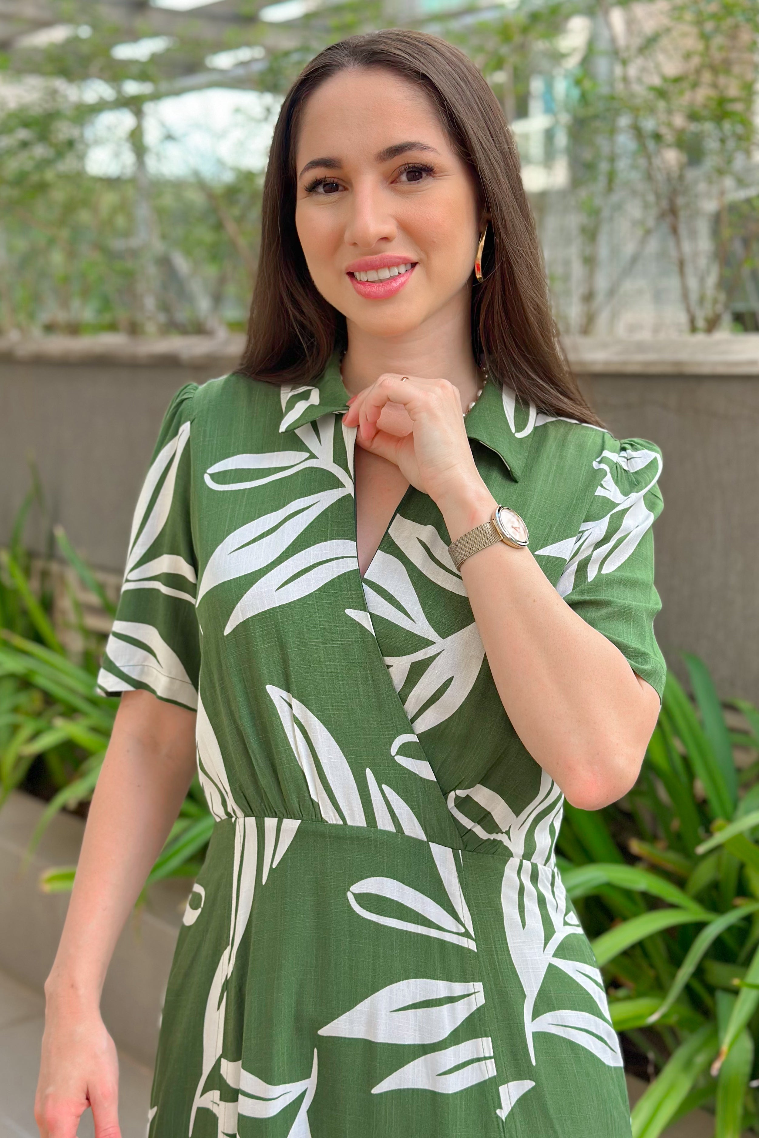 Vestido Midi Decote Transpassado Celine Estampado Verde