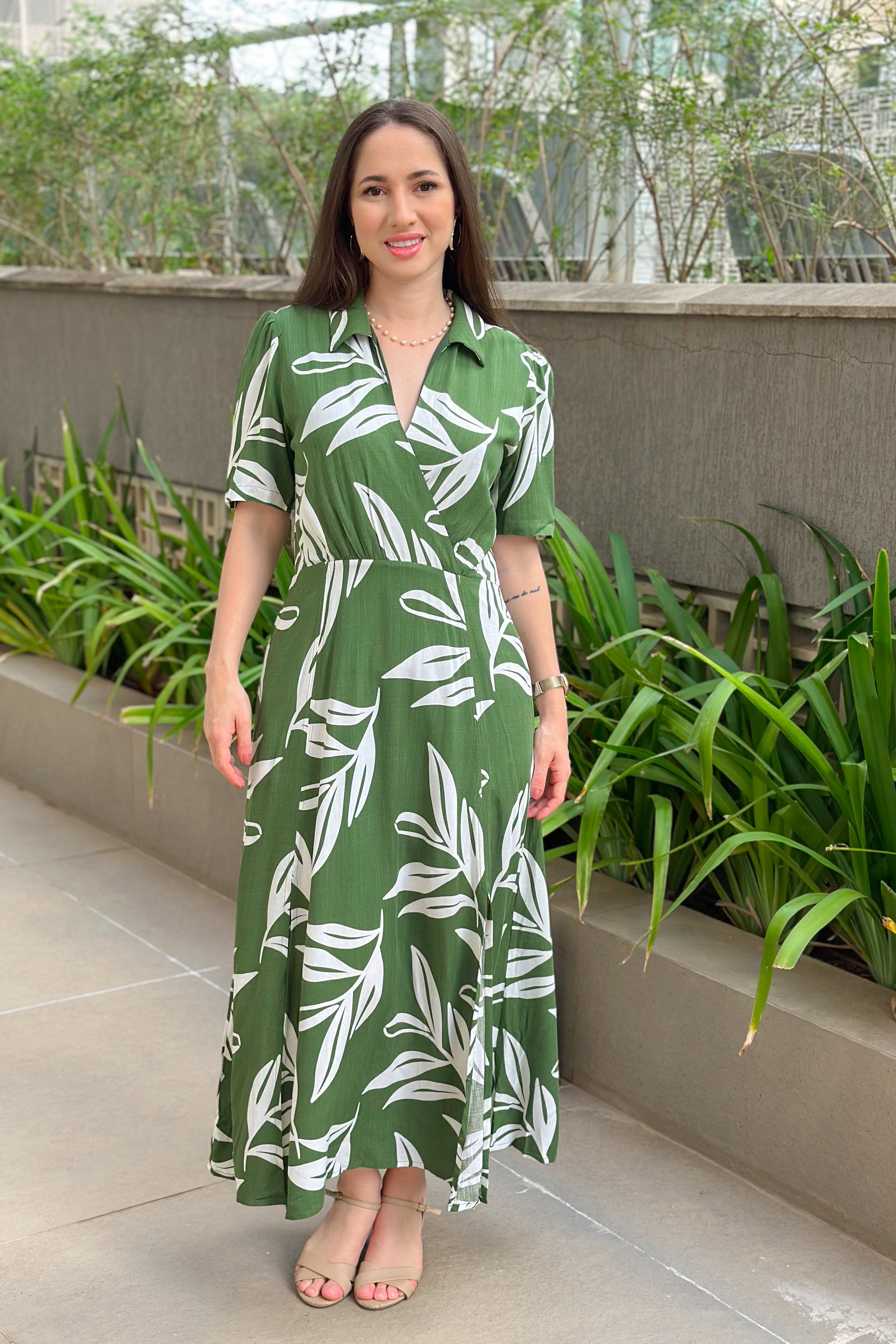 Vestido Midi Decote Transpassado Celine Estampado Verde