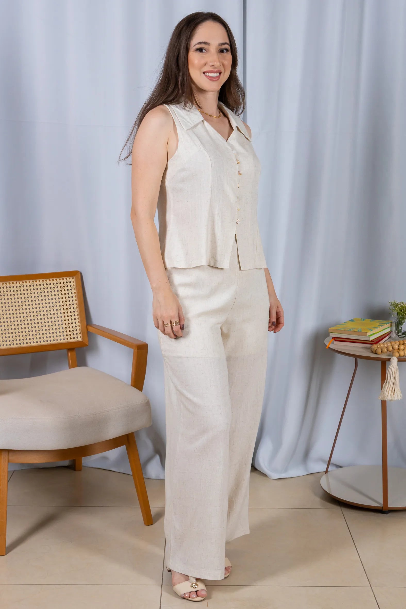 Calça Pantalona Cós com Elástico Visco Linho Flávia Creme