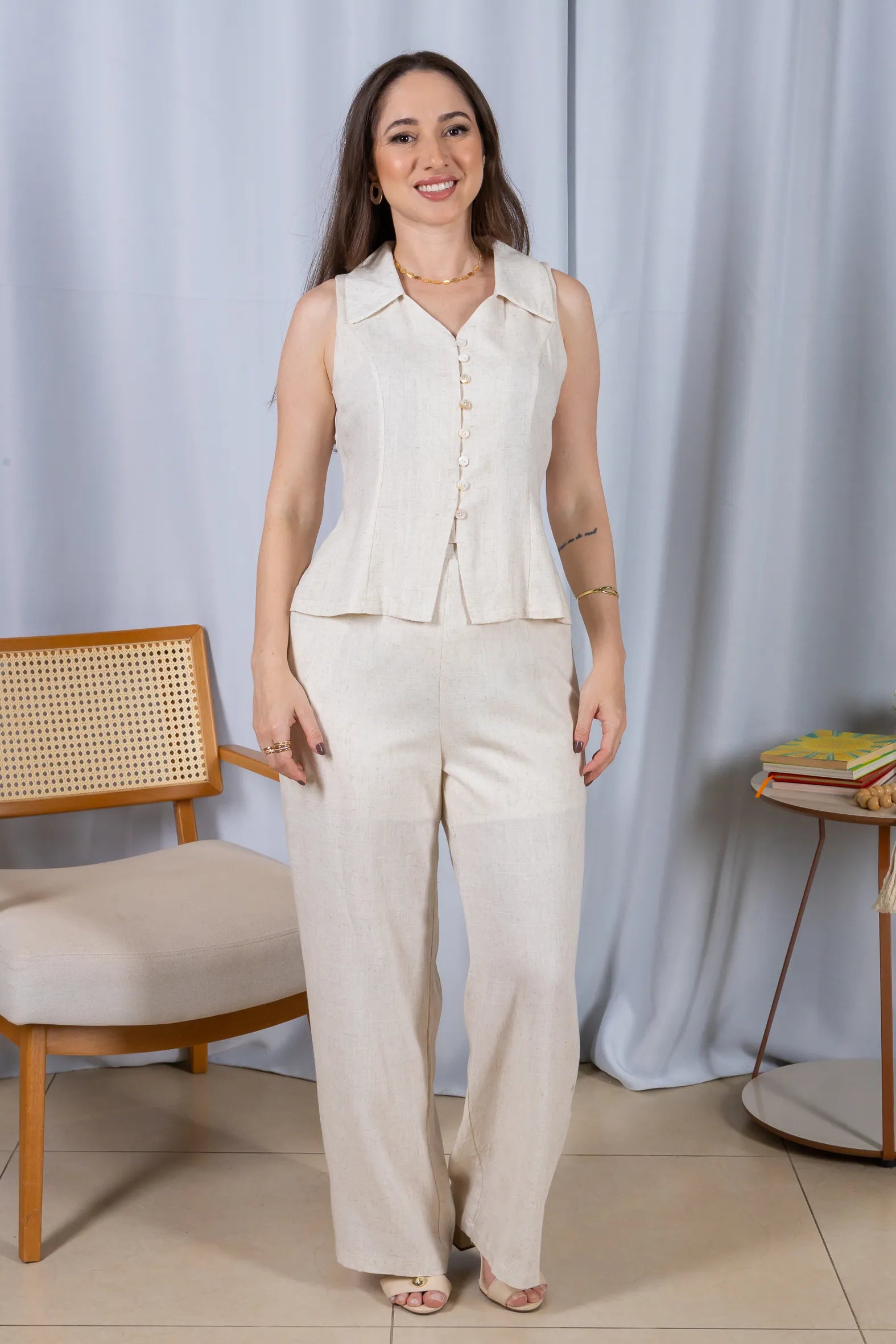 Calça Pantalona Cós com Elástico Visco Linho Flávia Creme