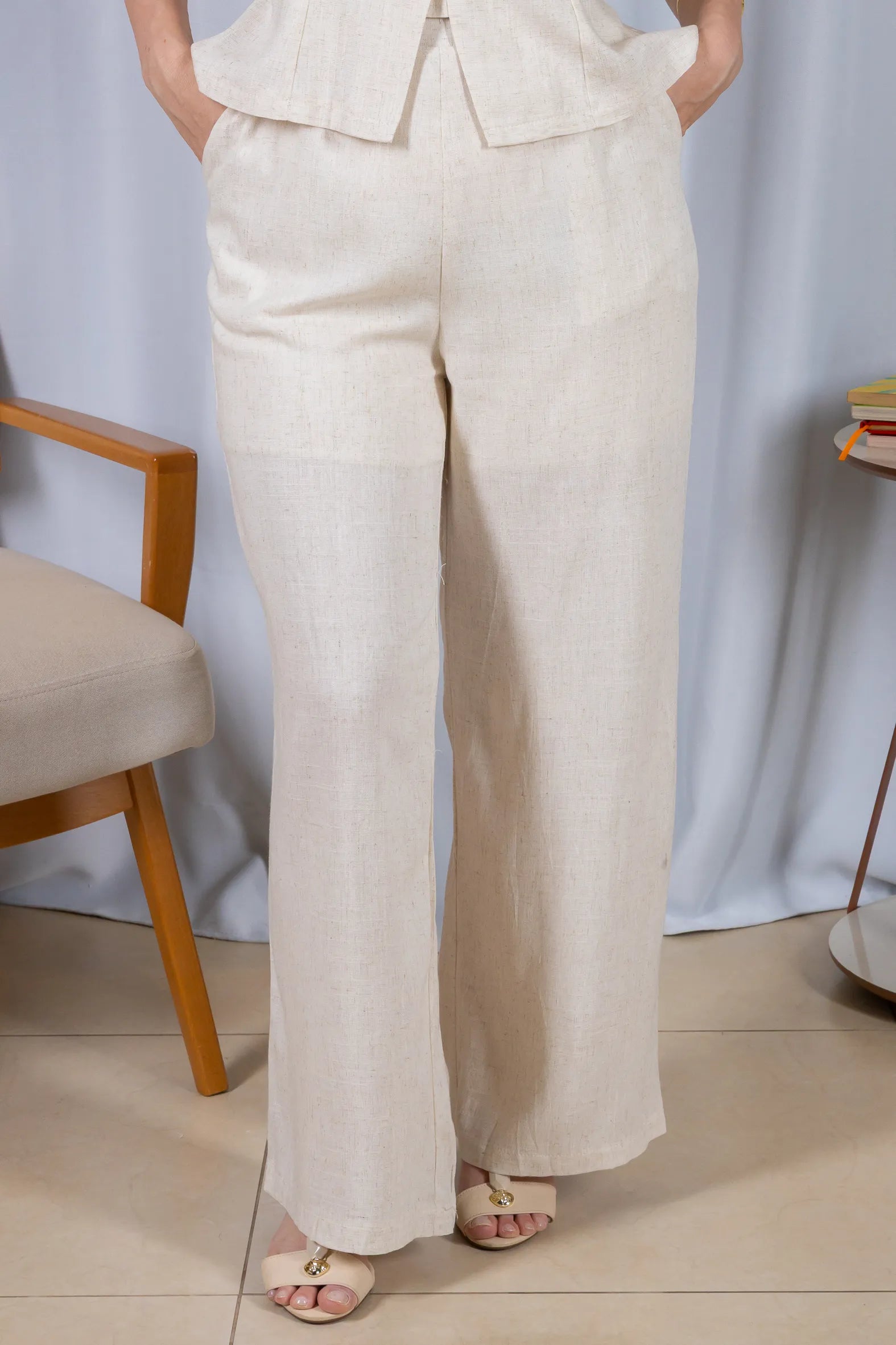 Calça Pantalona Cós com Elástico Visco Linho Flávia Creme