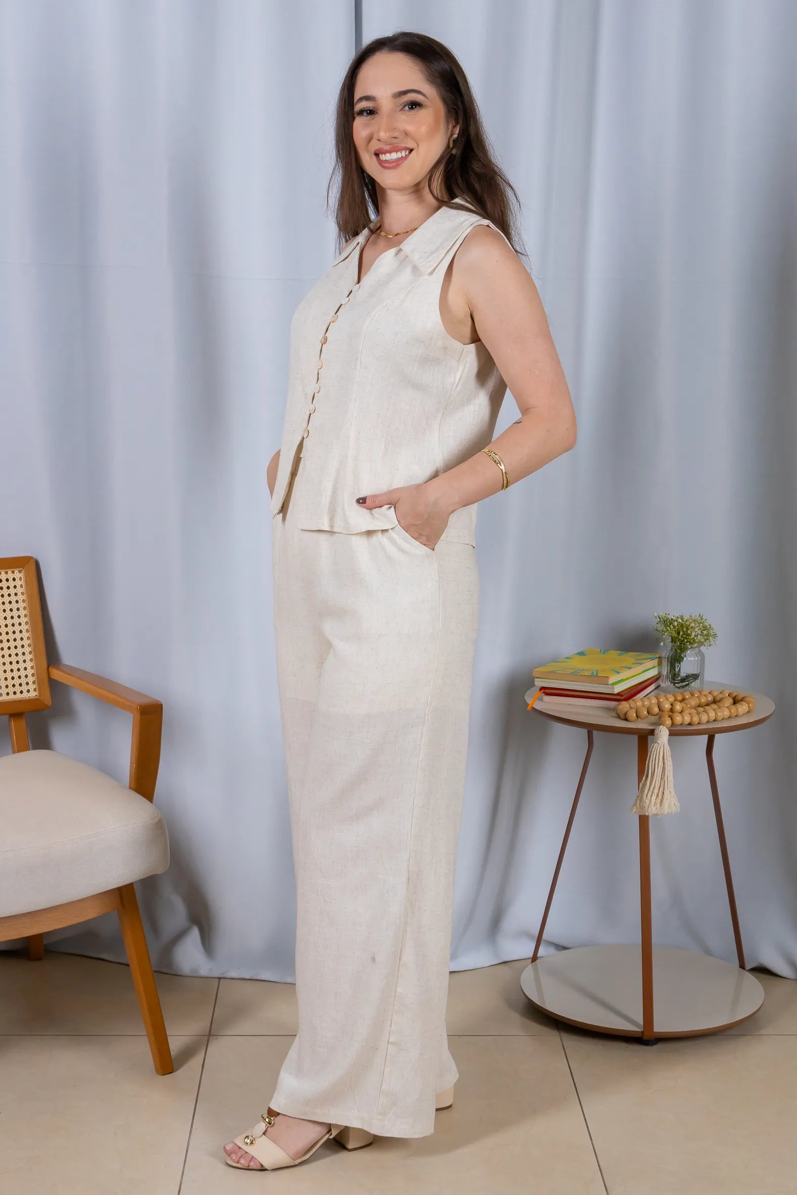 Calça Pantalona Cós com Elástico Visco Linho Flávia Creme