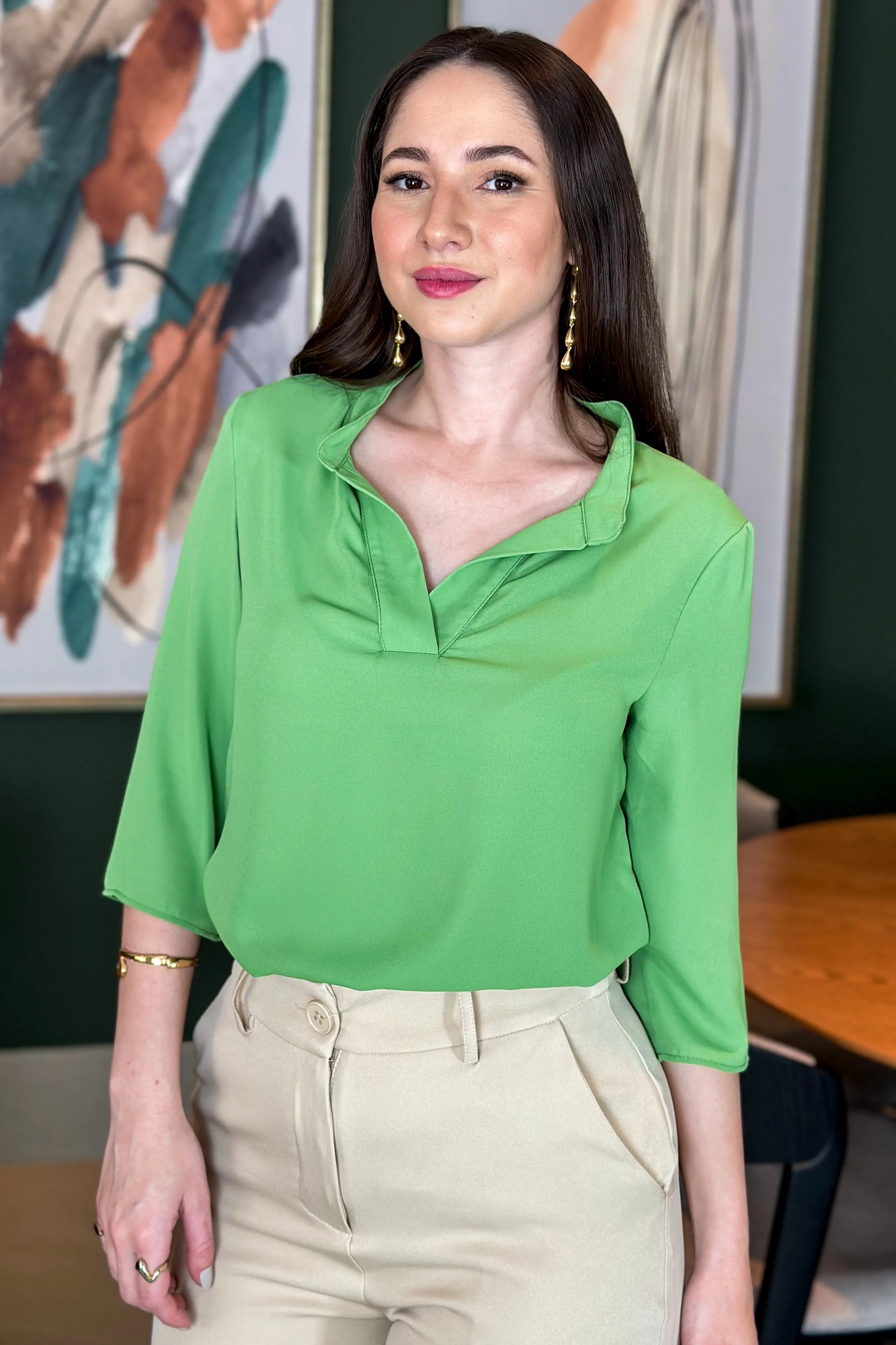 Blusa Manga 3/4 Decote "V" Deise Verde