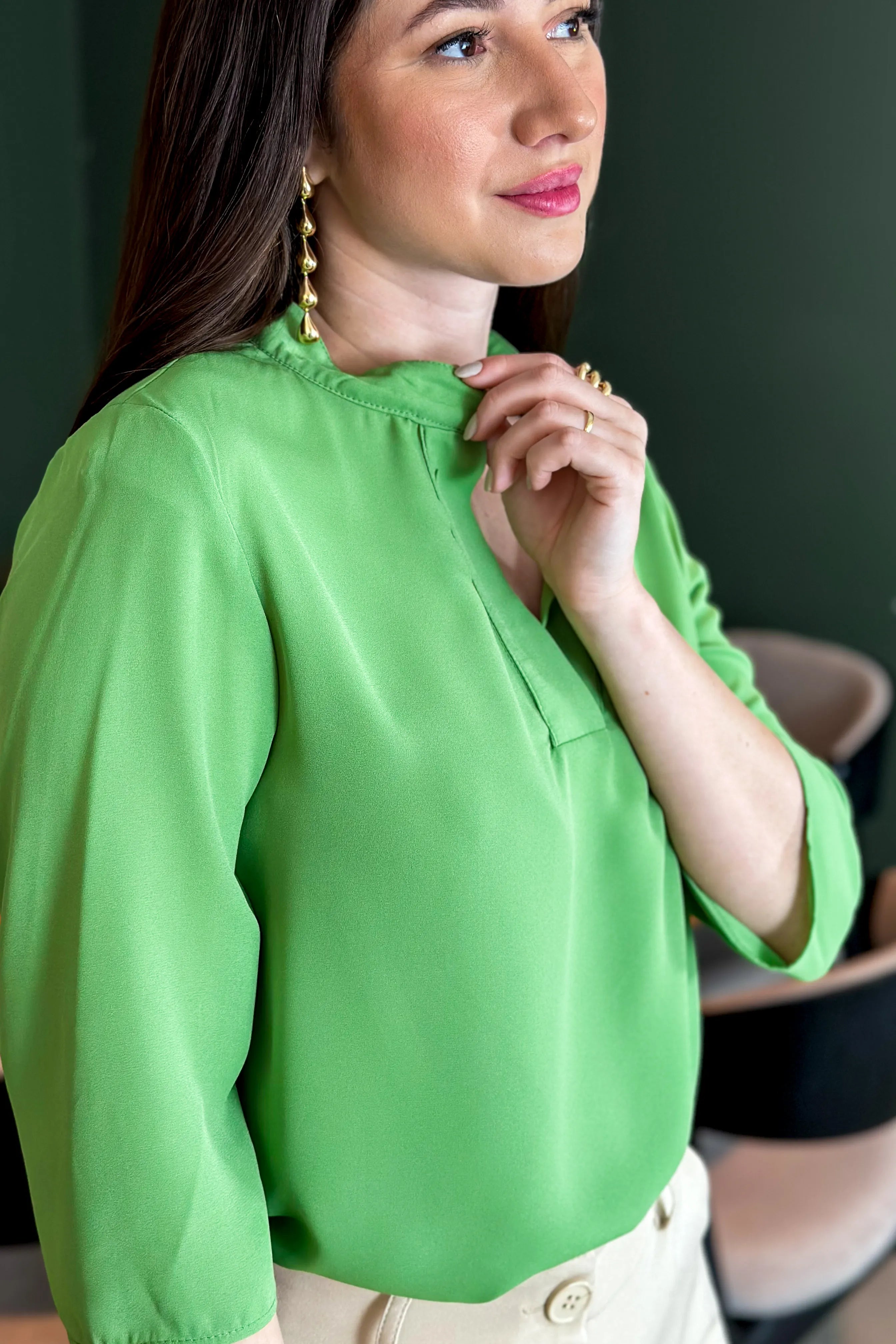 Blusa Manga 3/4 Decote "V" Deise Verde