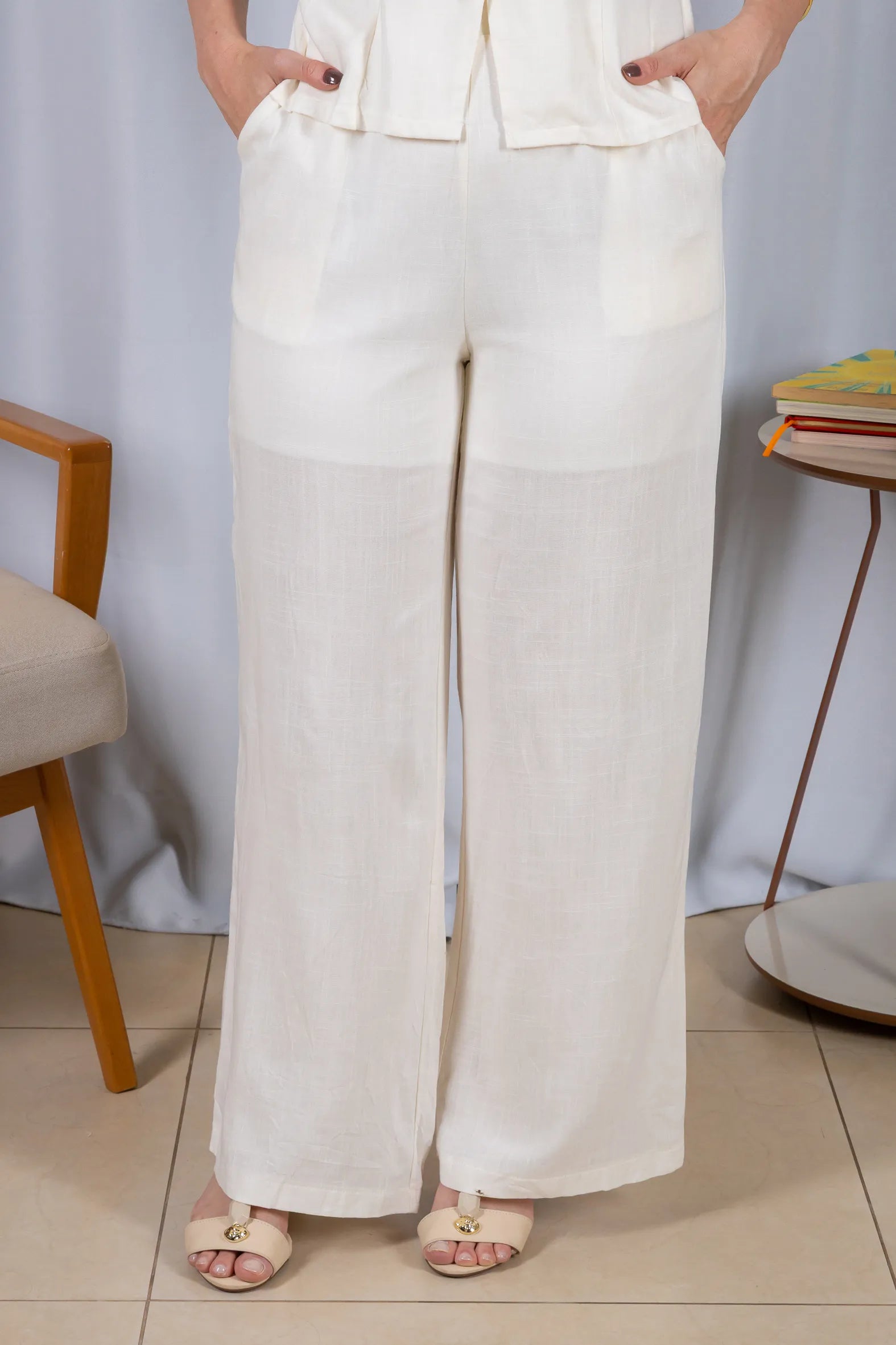 Calça Pantalona Cós com Elástico Visco Linho Flávia Branca