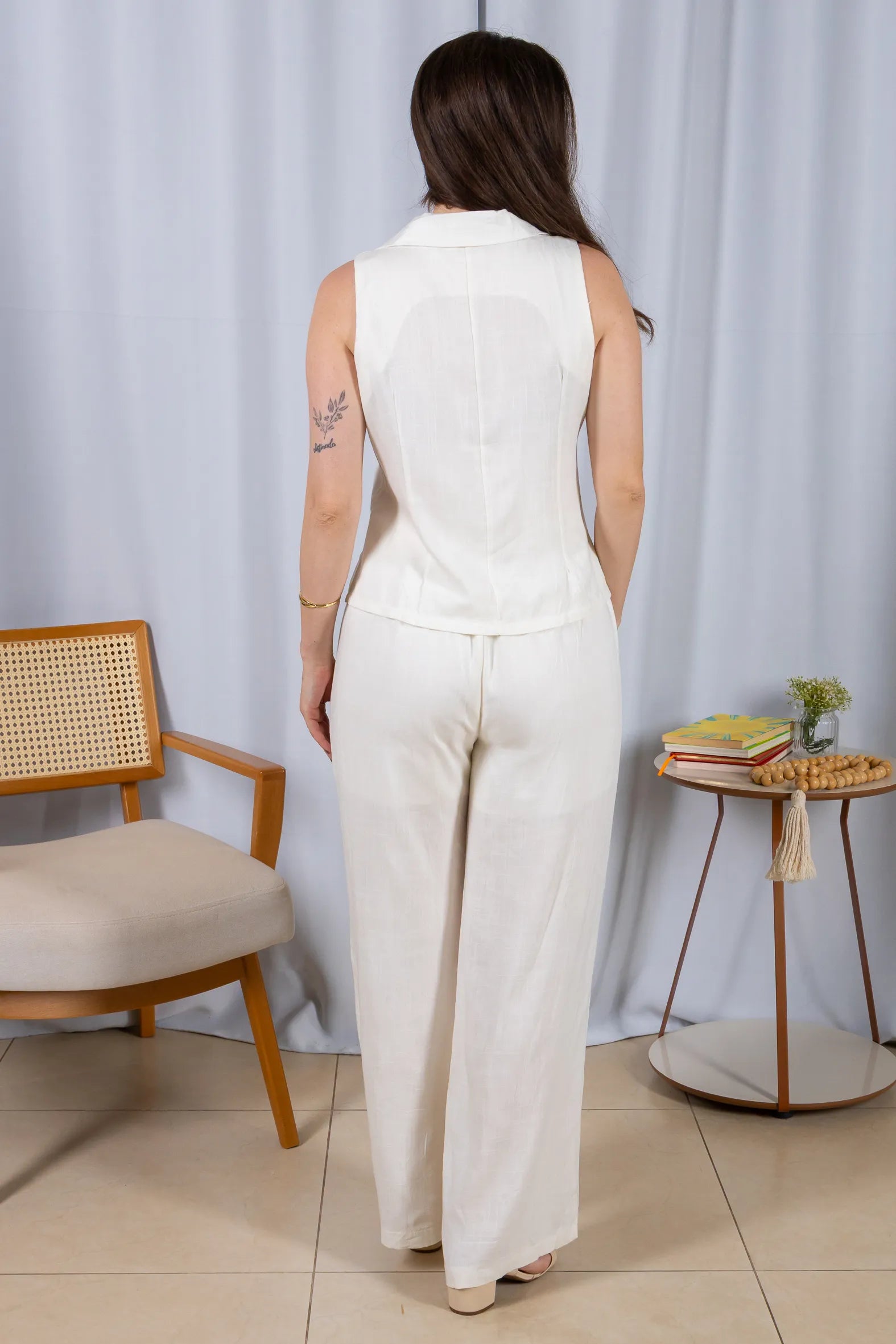 Calça Pantalona Cós com Elástico Visco Linho Flávia Branca