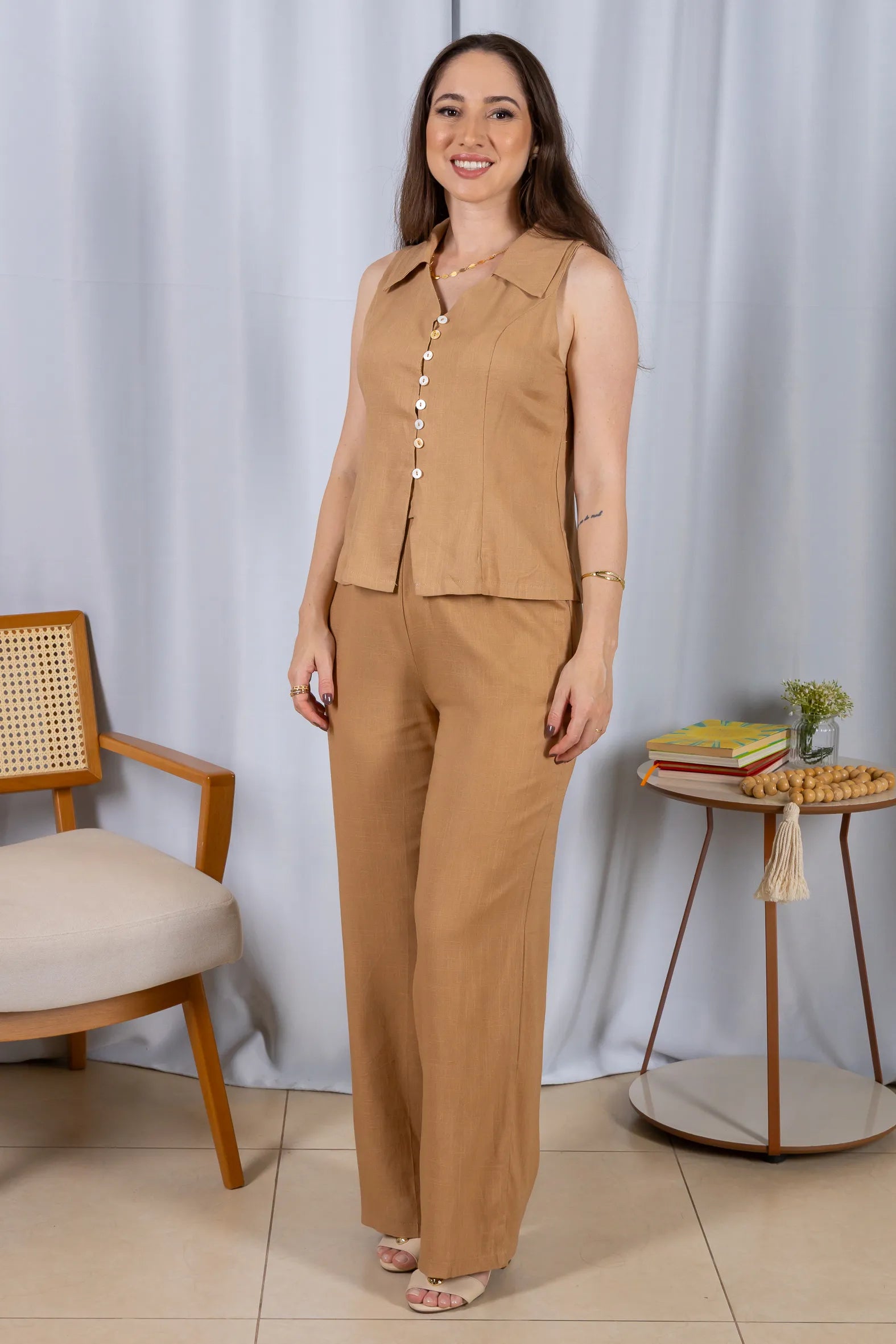 Calça Pantalona Cós com Elástico Visco Linho Flávia Marrom