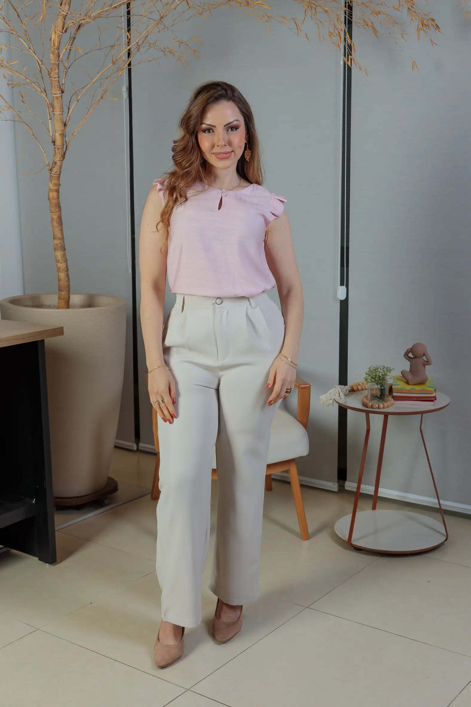 Blusa Babados Manga Detalhe Botão Visco Brise Yara Rosa