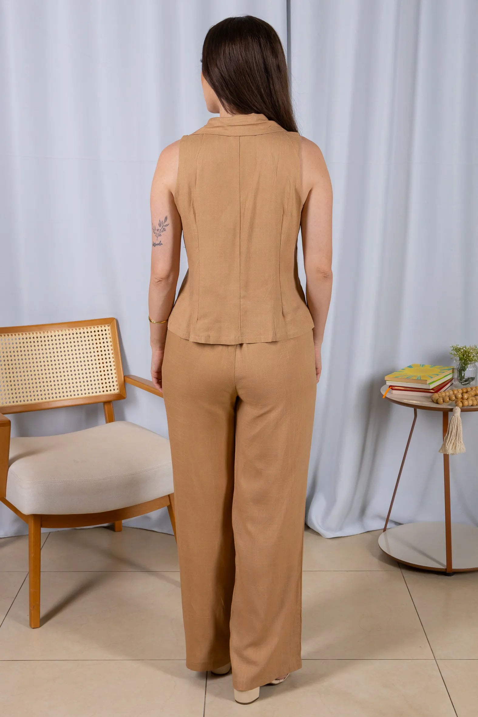 Calça Pantalona Cós com Elástico Visco Linho Flávia Marrom