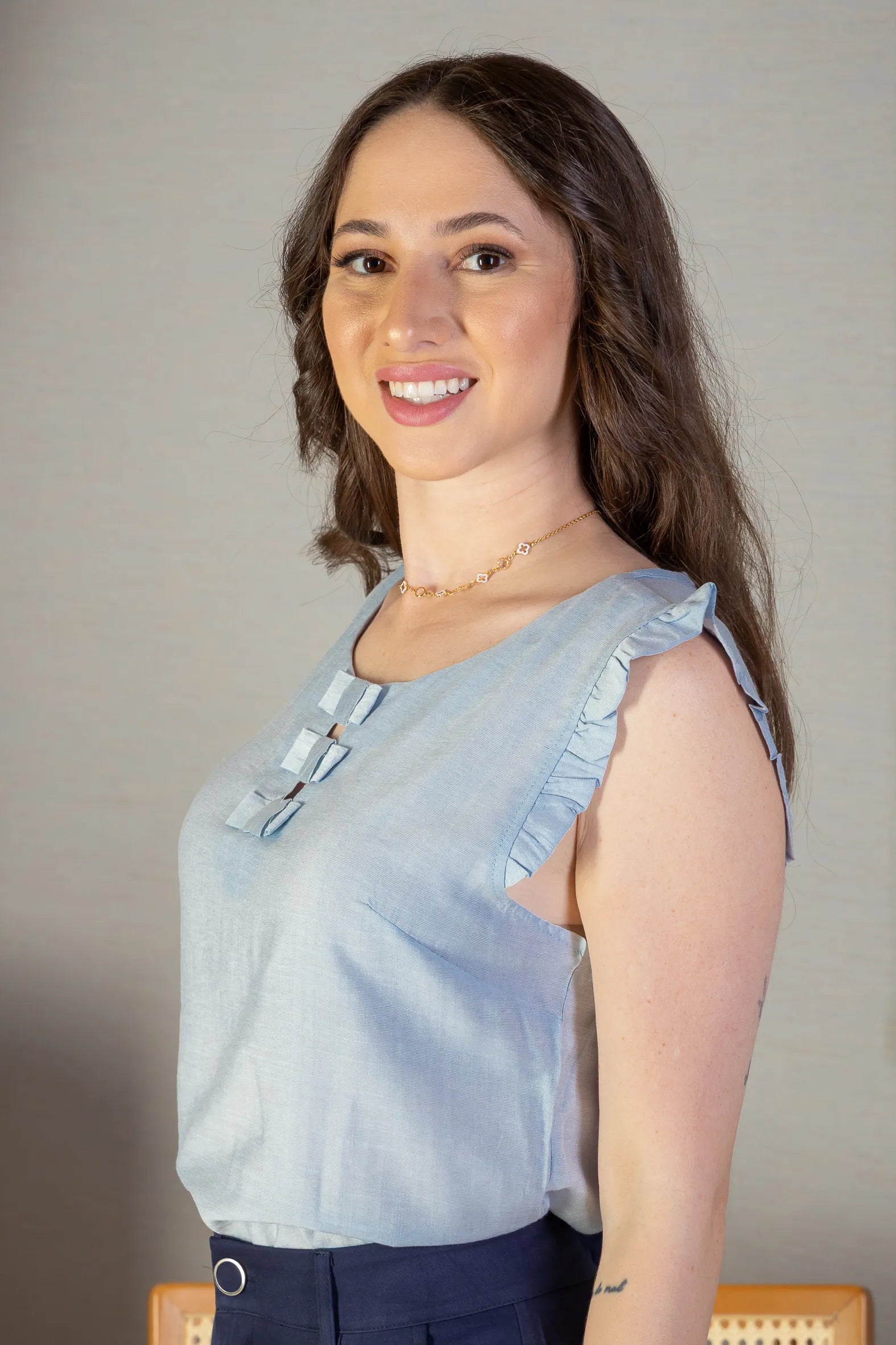 Blusa Regata Detalhe Laços Poli-Linho Sandy Lima Azul