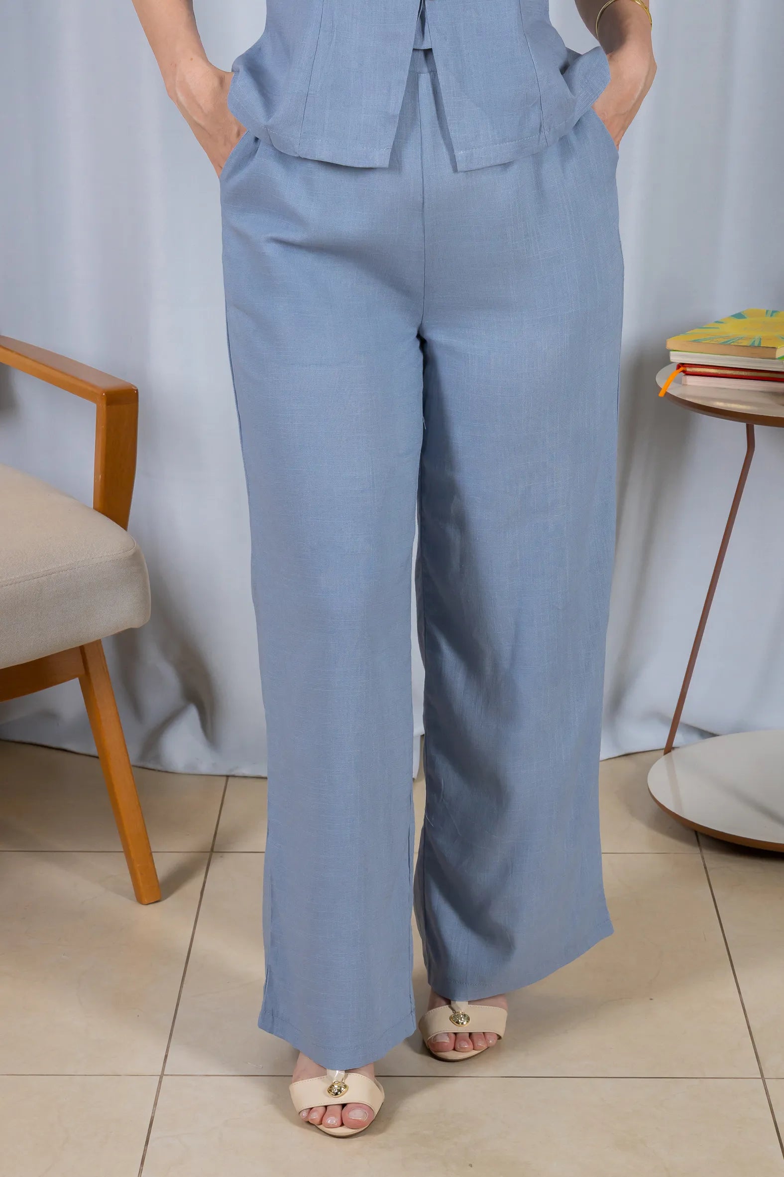 Calça Pantalona Cós com Elástico Visco Linho Flávia Azul