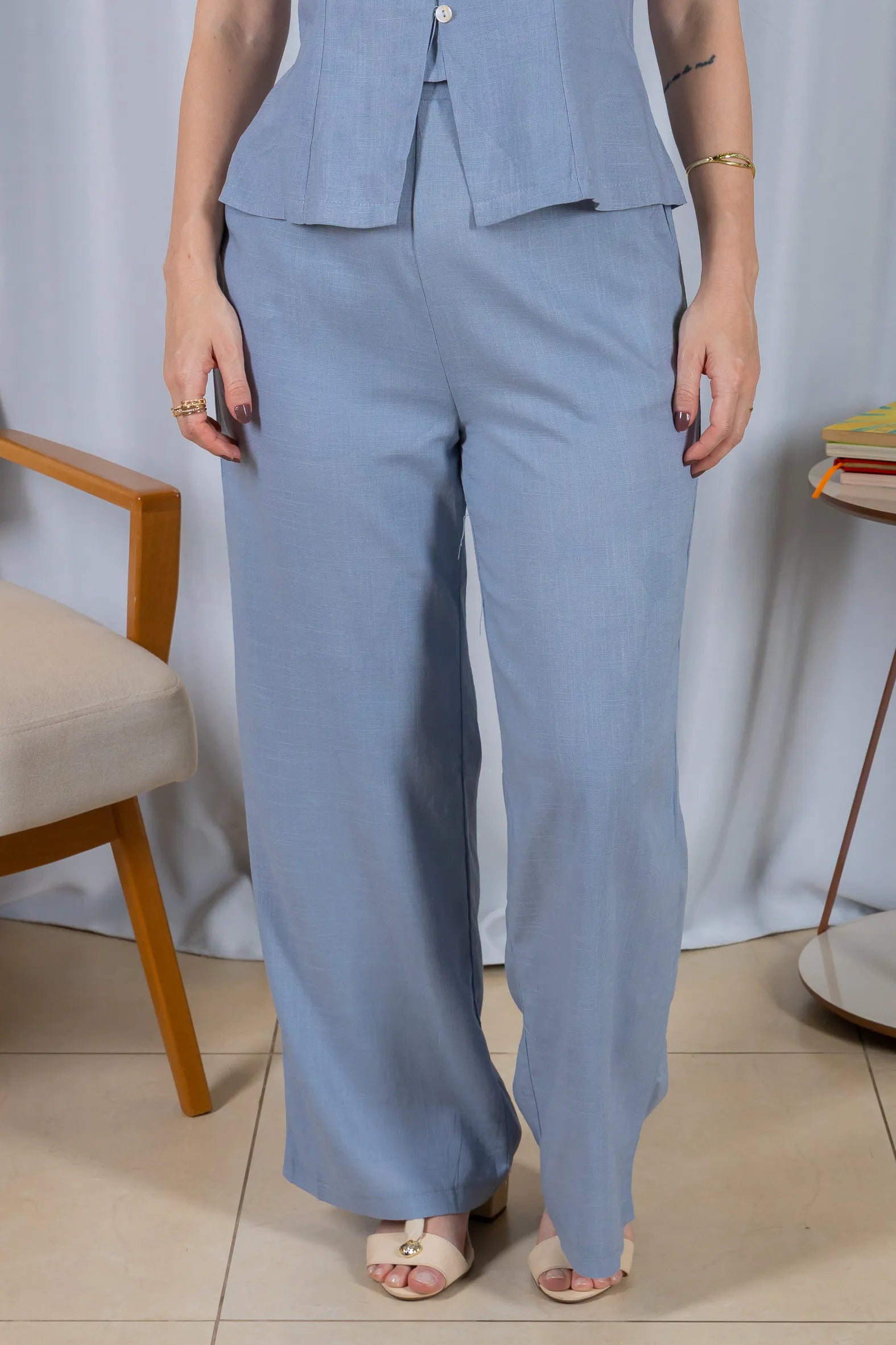 Calça Pantalona Cós com Elástico Visco Linho Flávia Azul