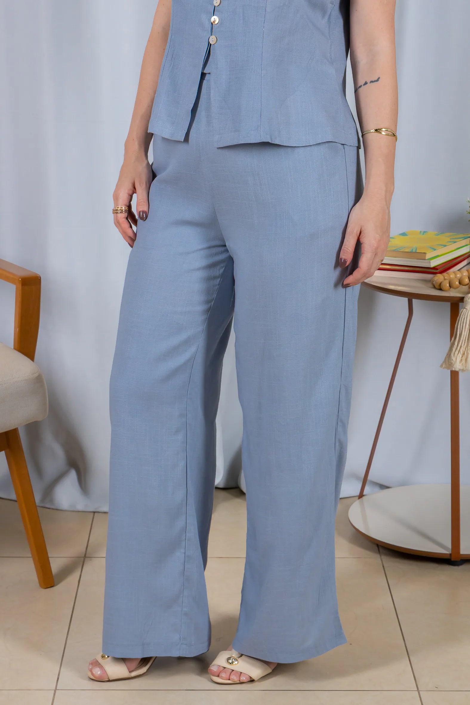 Calça Pantalona Cós com Elástico Visco Linho Flávia Azul