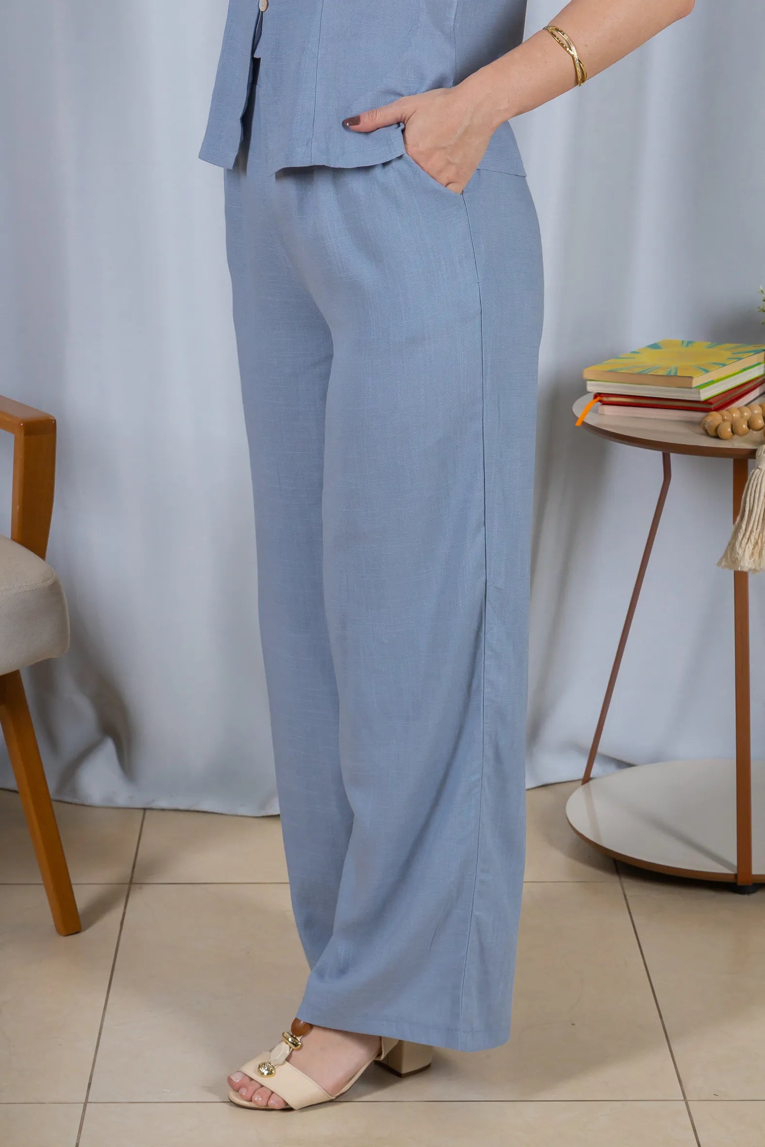 Calça Pantalona Cós com Elástico Visco Linho Flávia Azul