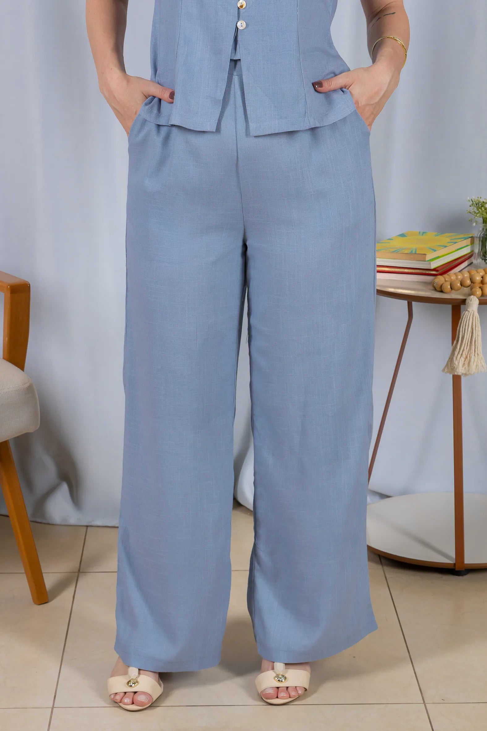 Calça Pantalona Cós com Elástico Visco Linho Flávia Azul