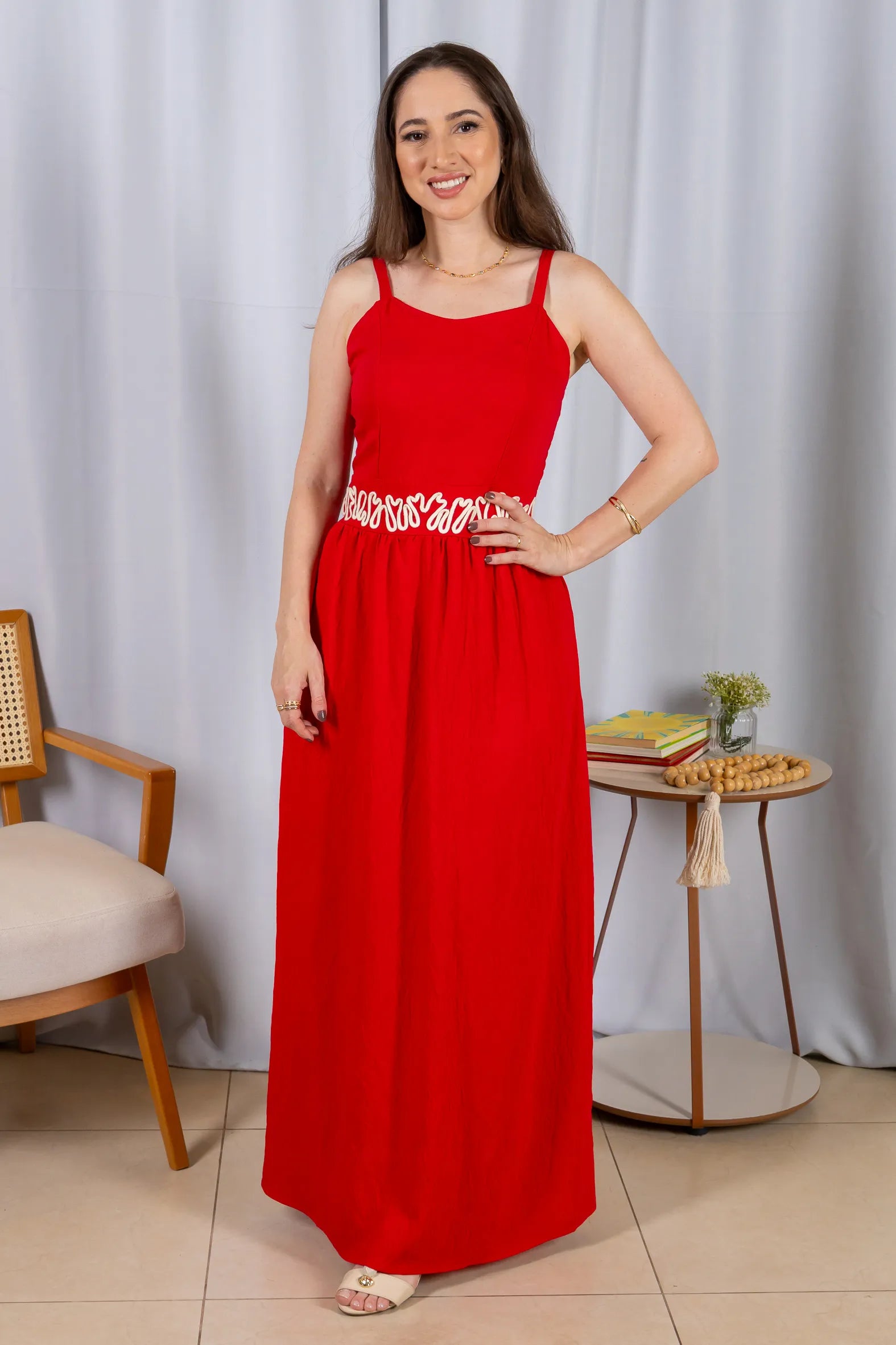 Vestido Midi Alças Detalhe Bordado Crepe Brise Lorena Vermelho