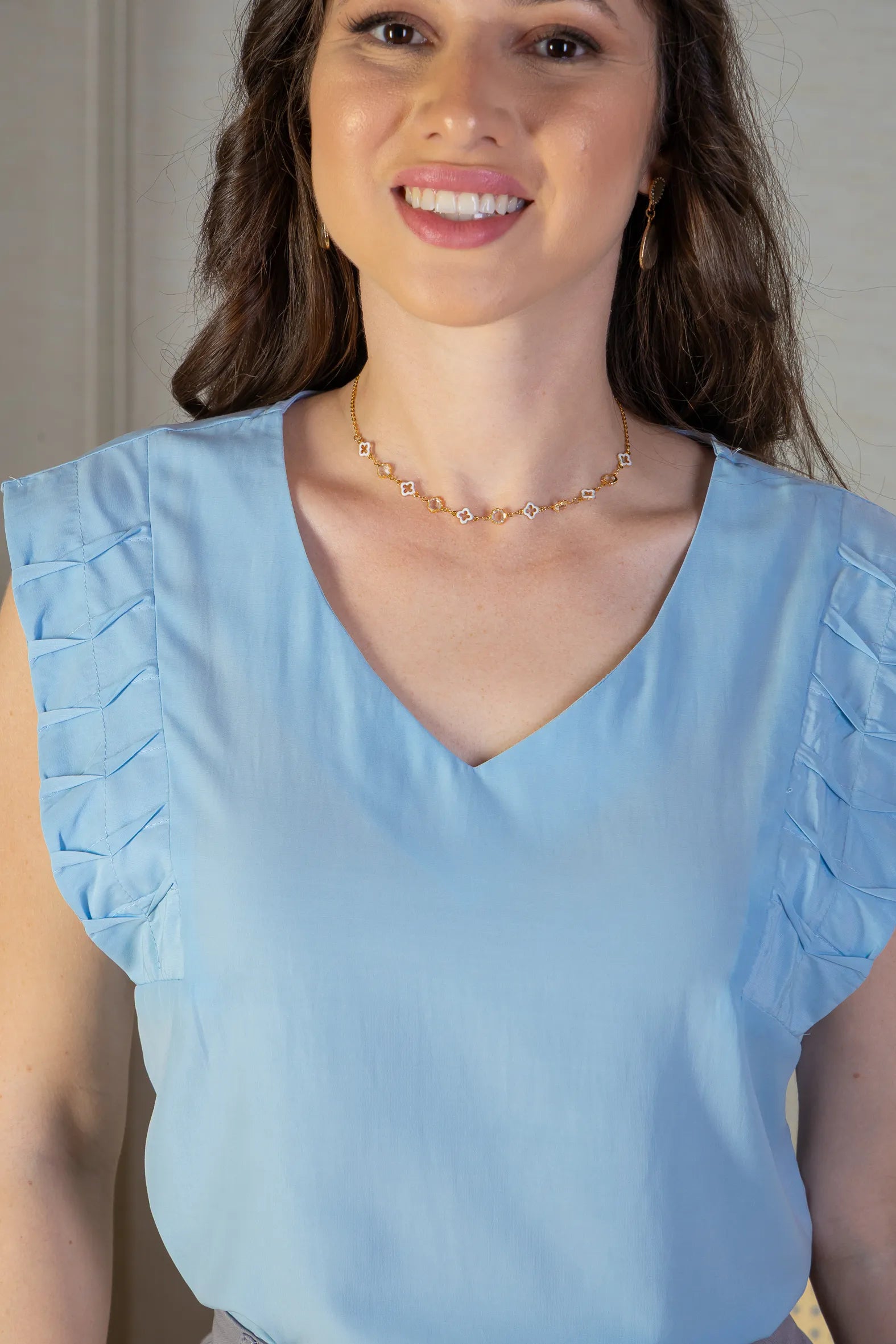 Blusa Regata Decote "V" Franzido Ombros PoliVisco Fátima Bernardes Azul