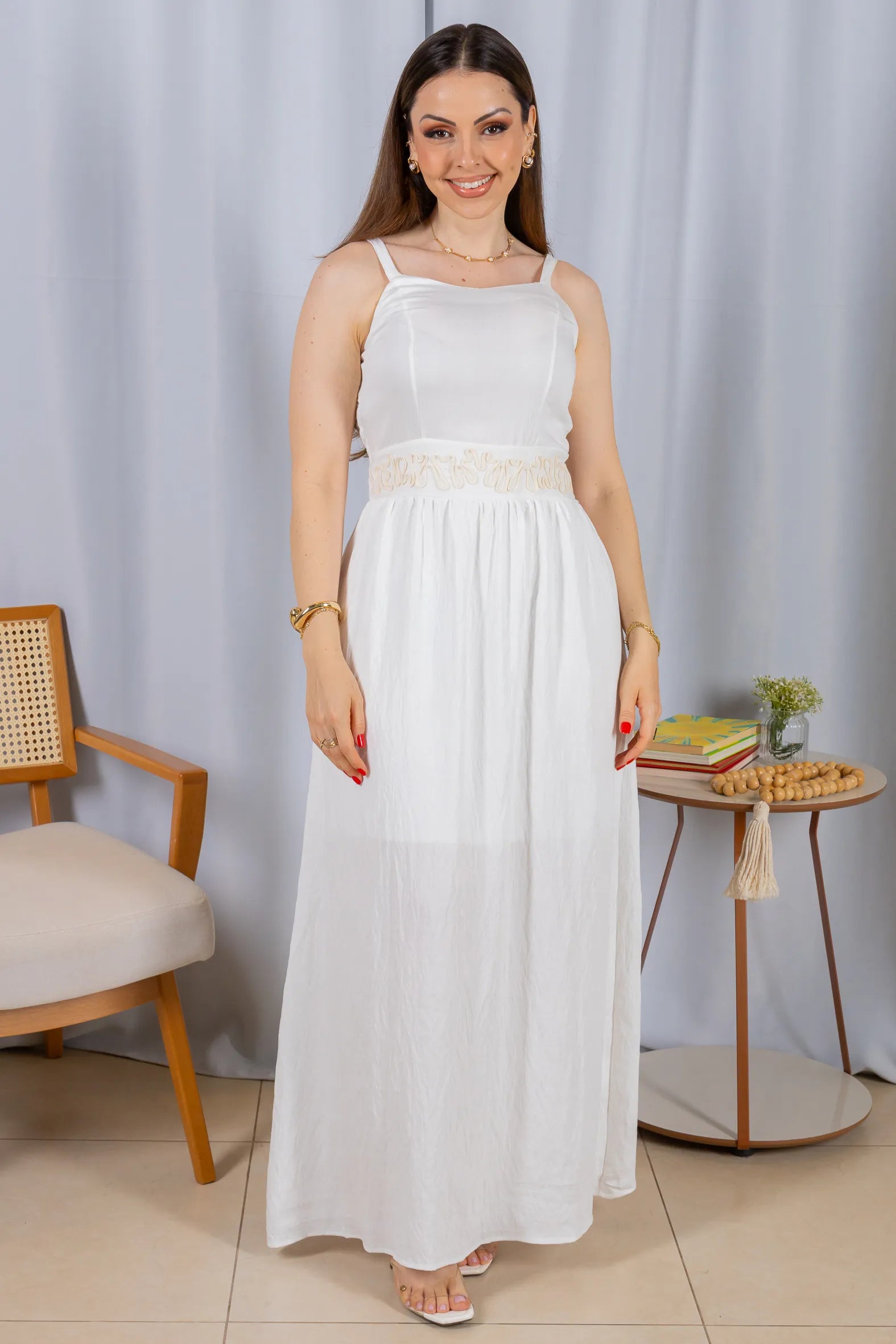 Vestido Midi Alças Detalhe Bordado Crepe Brise Lorena Branco