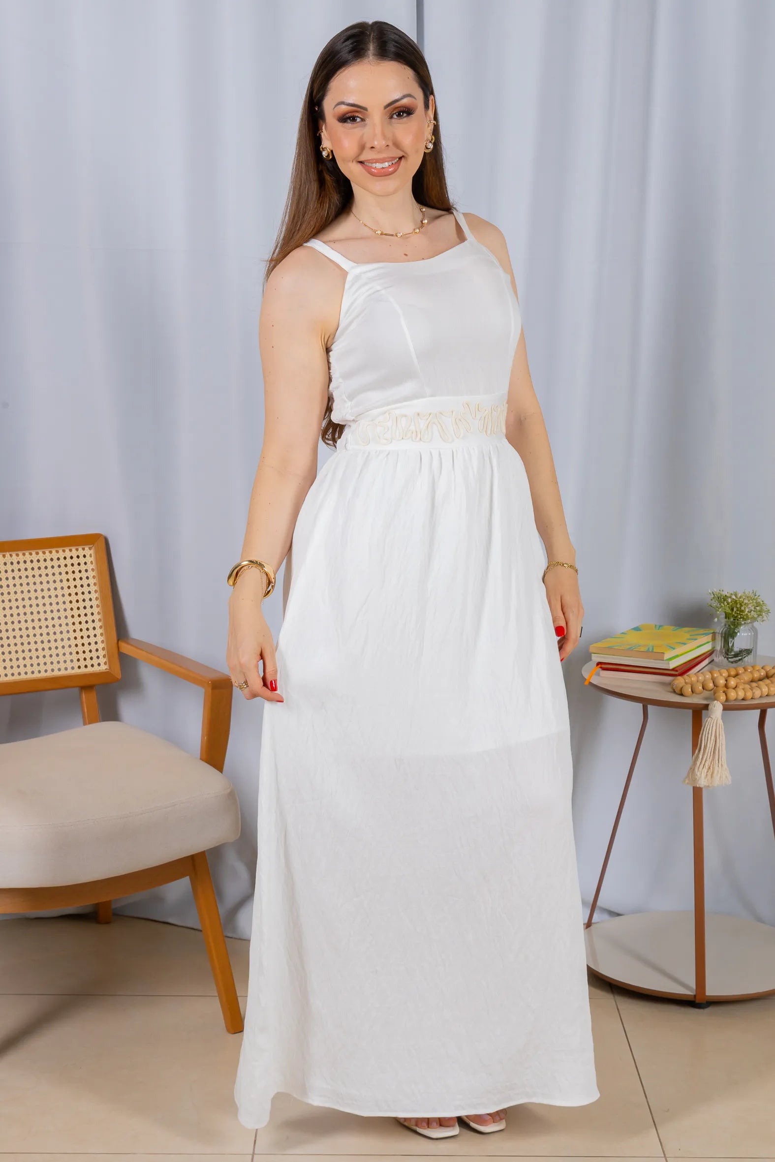 Vestido Midi Alças Detalhe Bordado Crepe Brise Lorena Branco