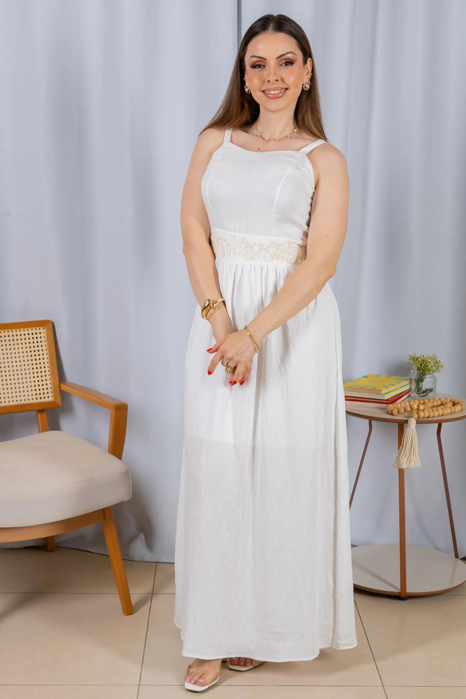 Vestido Midi Alças Detalhe Bordado Crepe Brise Lorena Branco