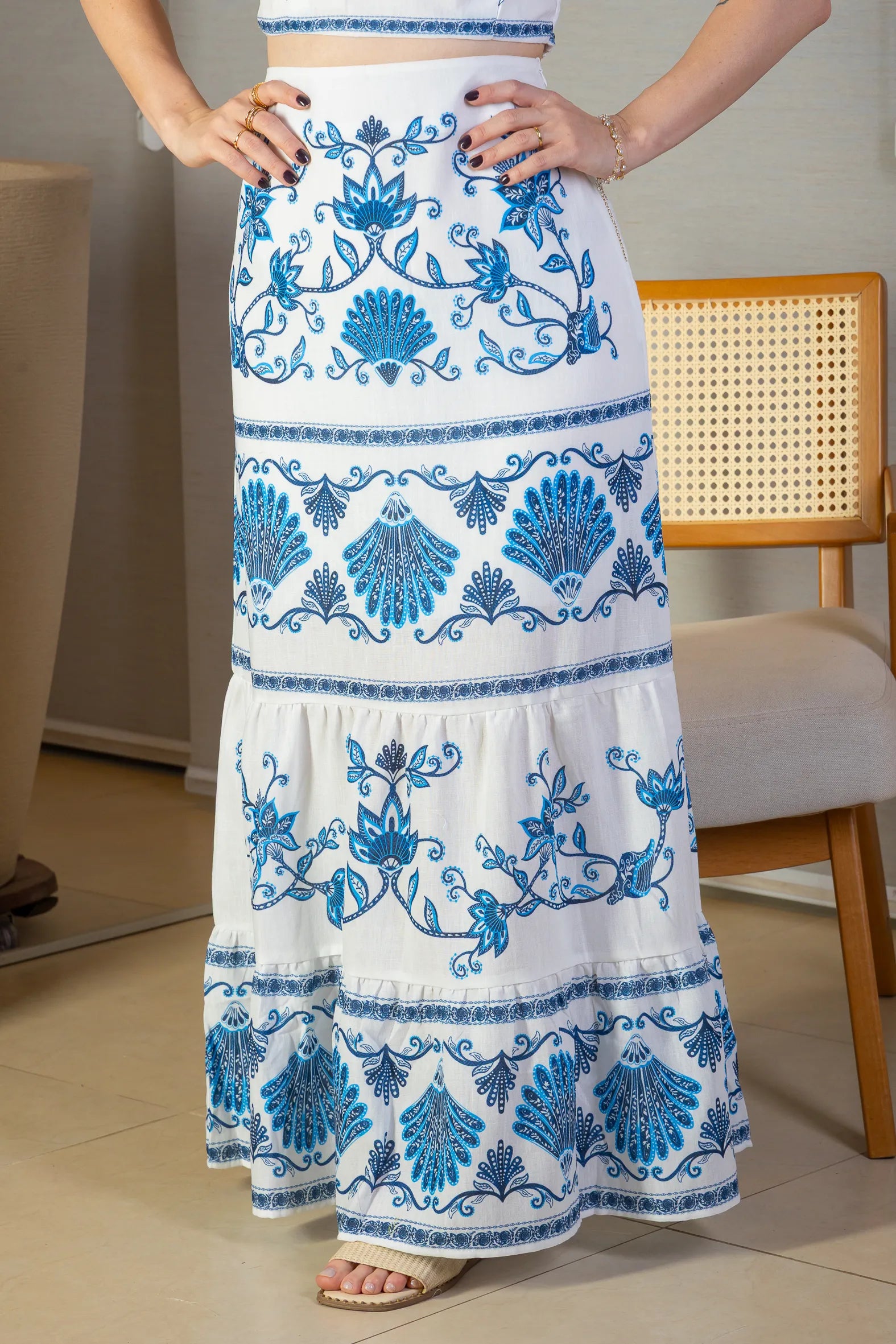 Saia Longa Camadas Crepe Soft Marina Ruy Estampada Azul