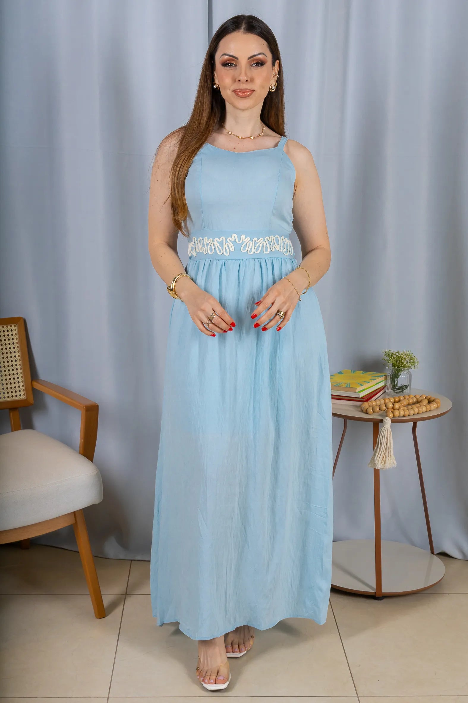 Vestido Midi Alças Detalhe Bordado Crepe Brise Lorena Azul