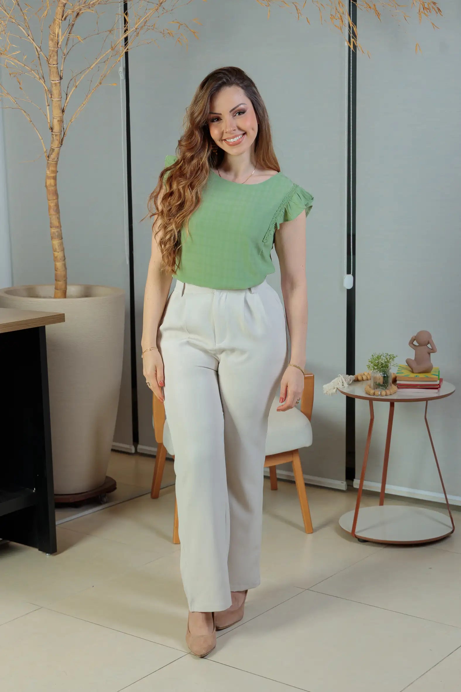 Blusa Detalhe Bordado Manga Soft Cotton Selena Verde