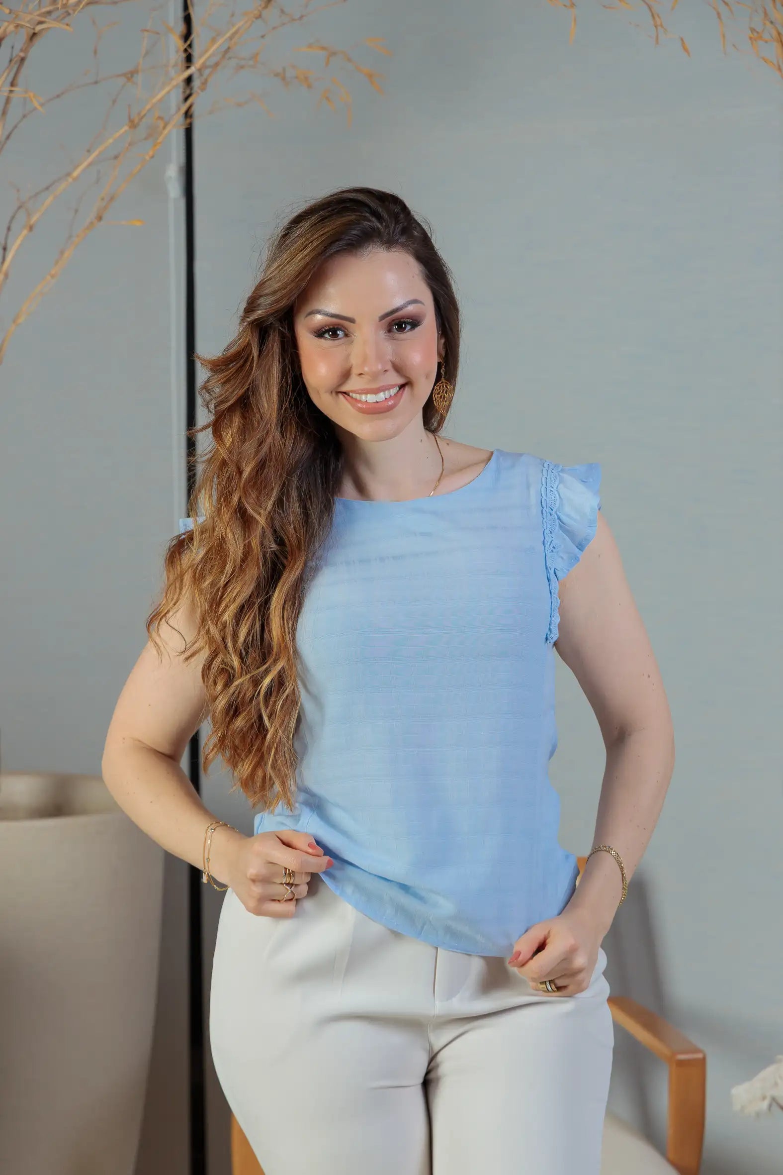 Blusa Detalhe Bordado Manga Soft Cotton Selena Azul