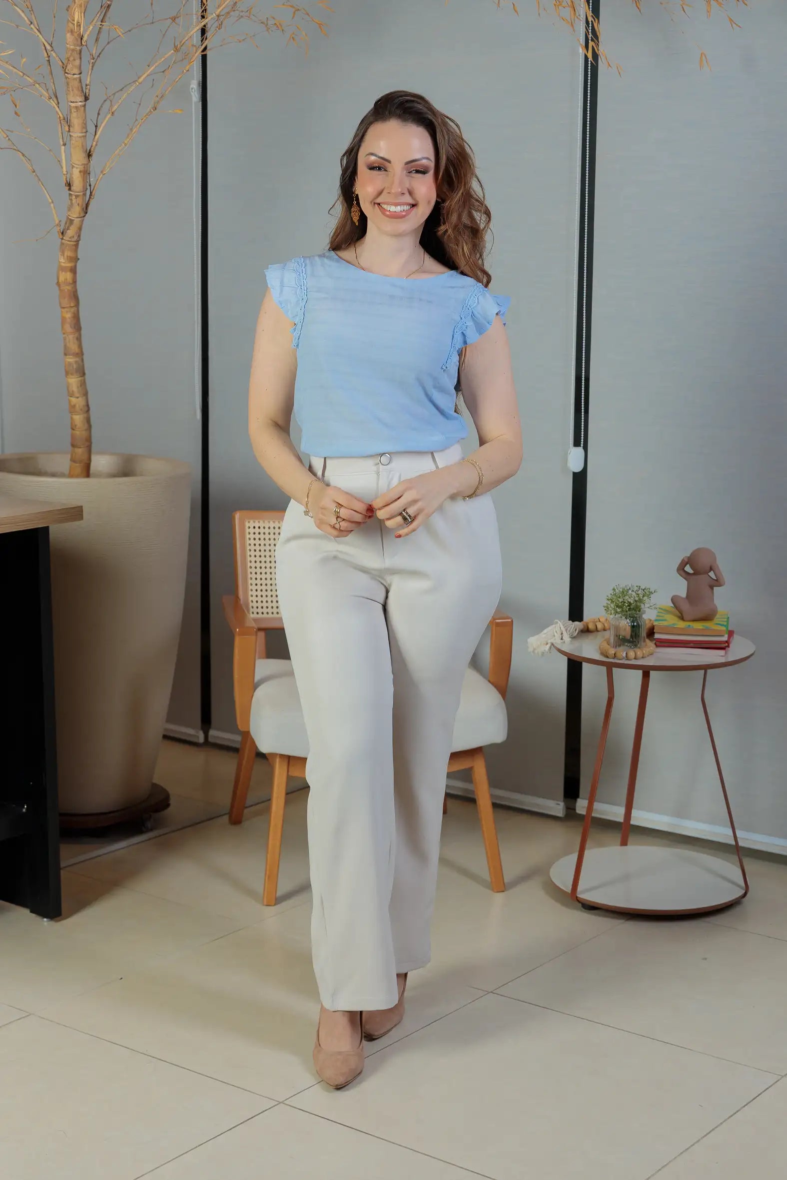 Blusa Detalhe Bordado Manga Soft Cotton Selena Azul