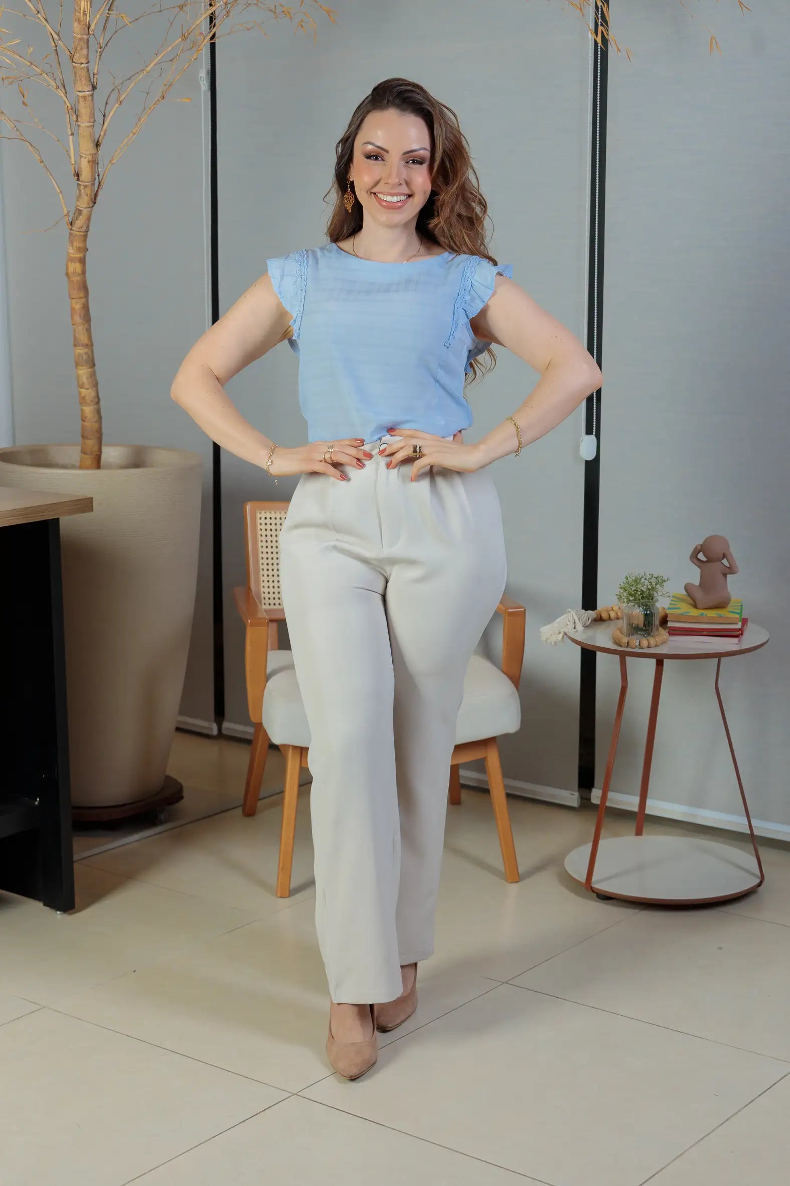 Blusa Detalhe Bordado Manga Soft Cotton Selena Azul