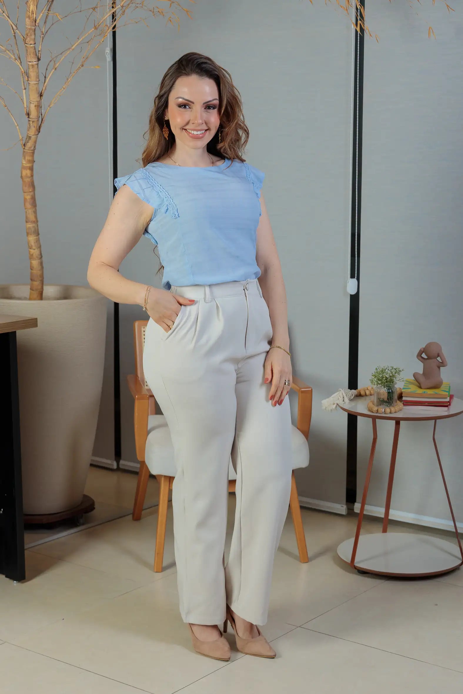Blusa Detalhe Bordado Manga Soft Cotton Selena Azul