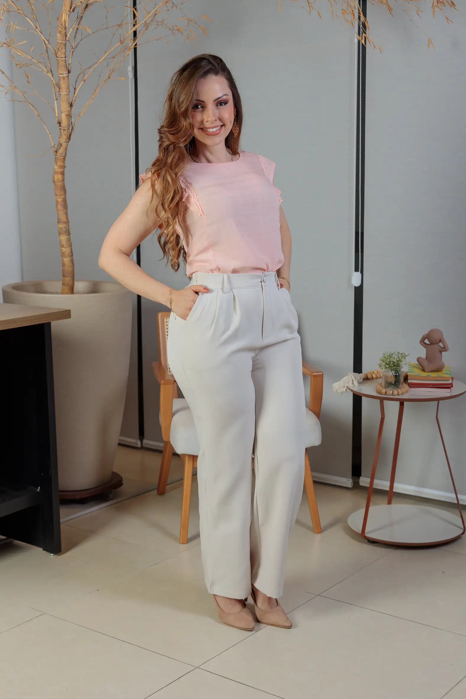 Blusa Detalhe Bordado Manga Soft Cotton Selena Rosa