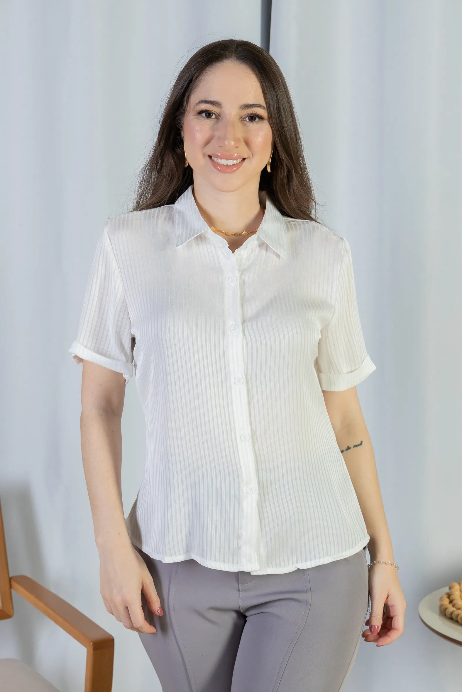 Camisa Manga Curta Crepe Acetinado Glaucia Branca