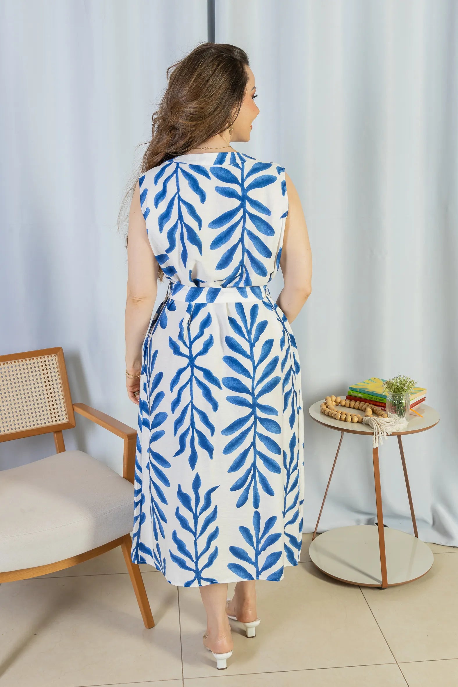 Vestido Midi Regata Visco Rústico Luana Estampado Azul