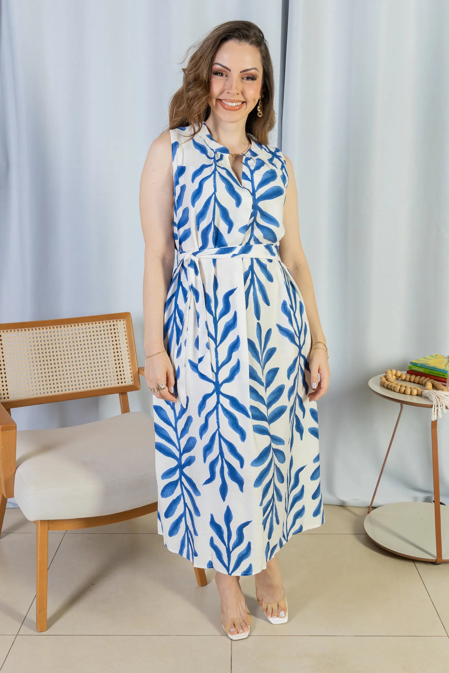 Vestido Midi Regata Visco Rústico Luana Estampado Azul