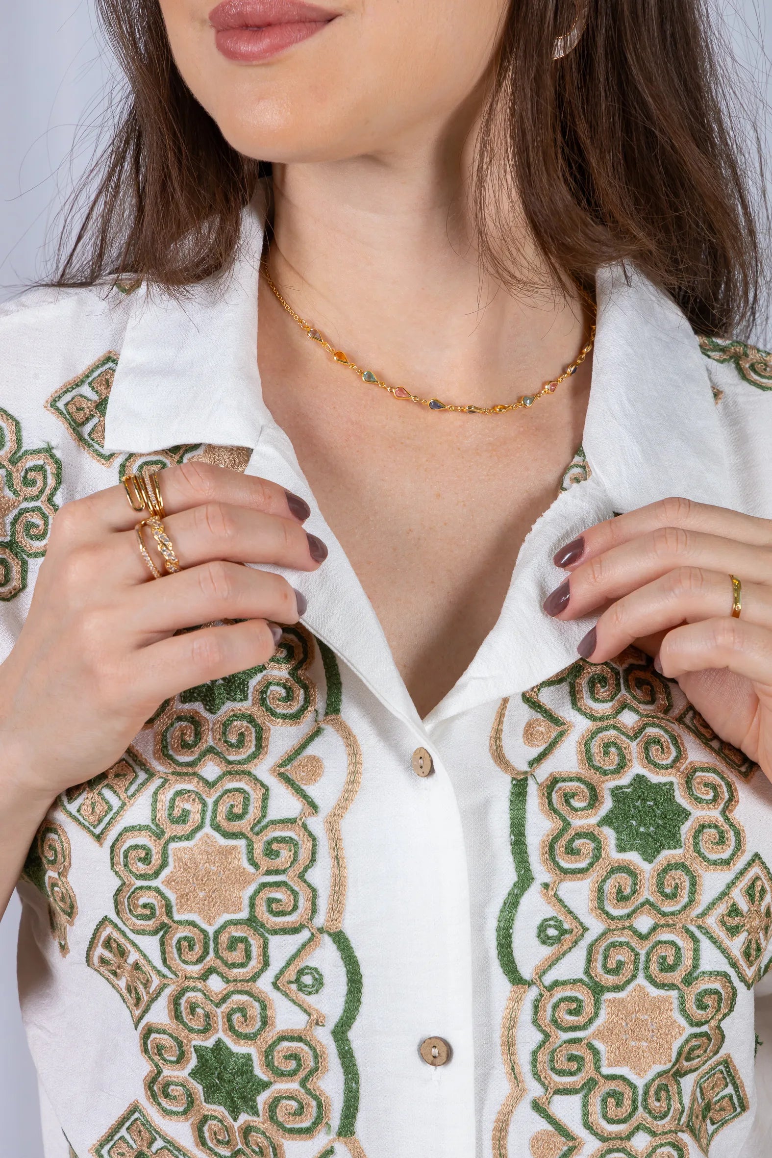 Camisa Manga Curta Neuza Bordada Visco Brise Verde