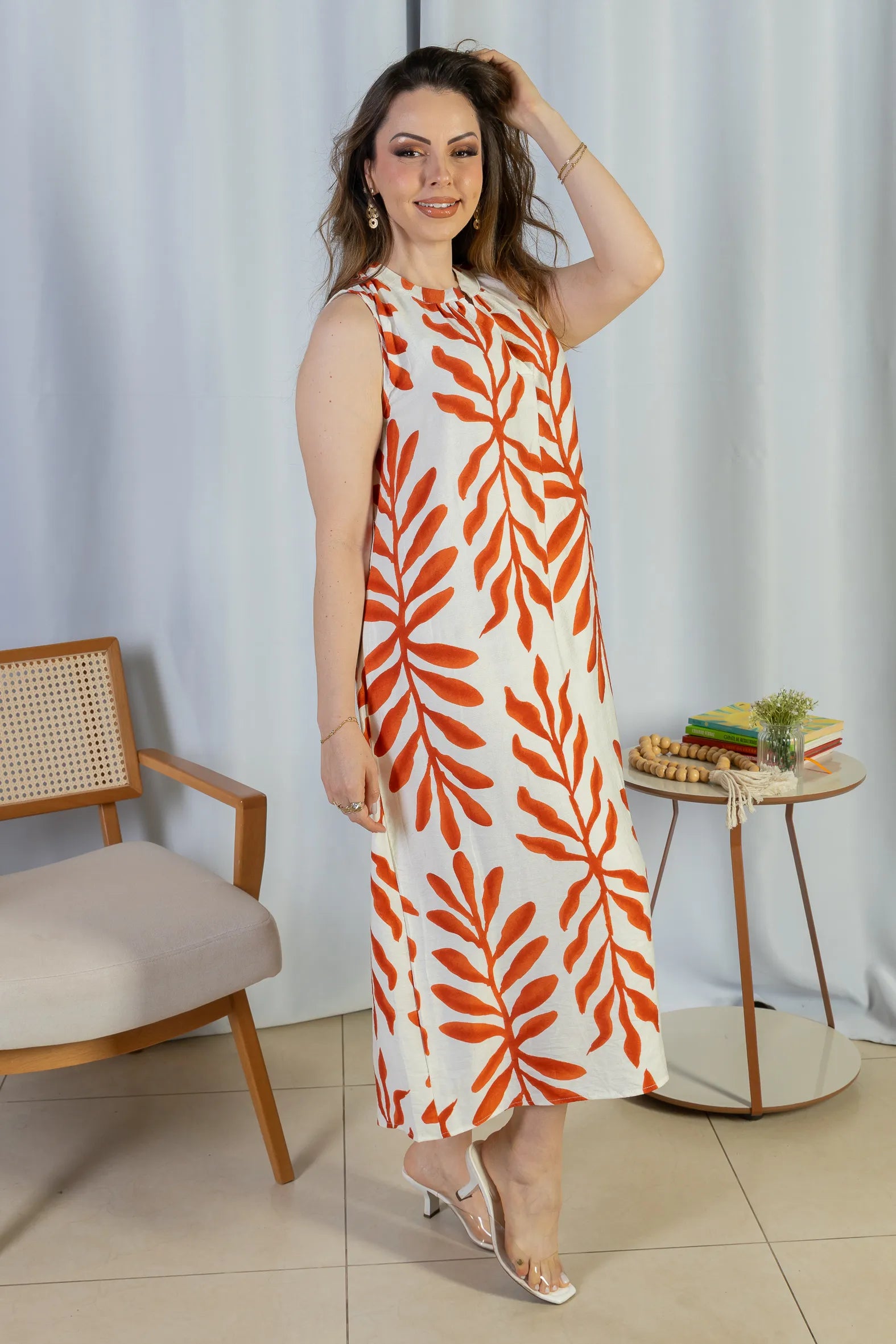 Vestido Midi Regata Visco Rústico Luana Estampado Vermelho