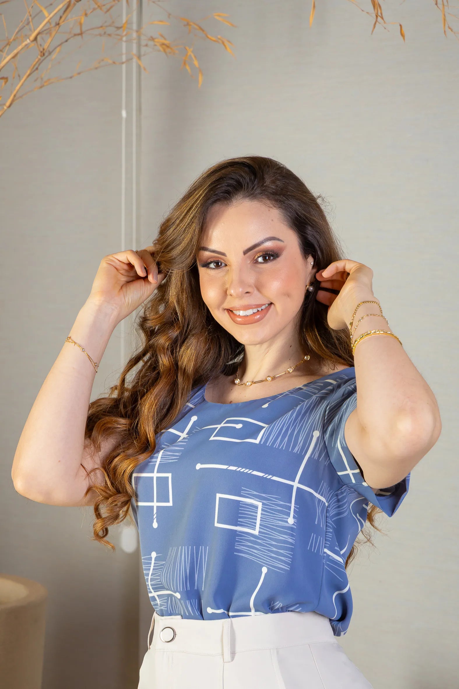 Blusa Manga Transpassada Elis Regina Estampada Azul