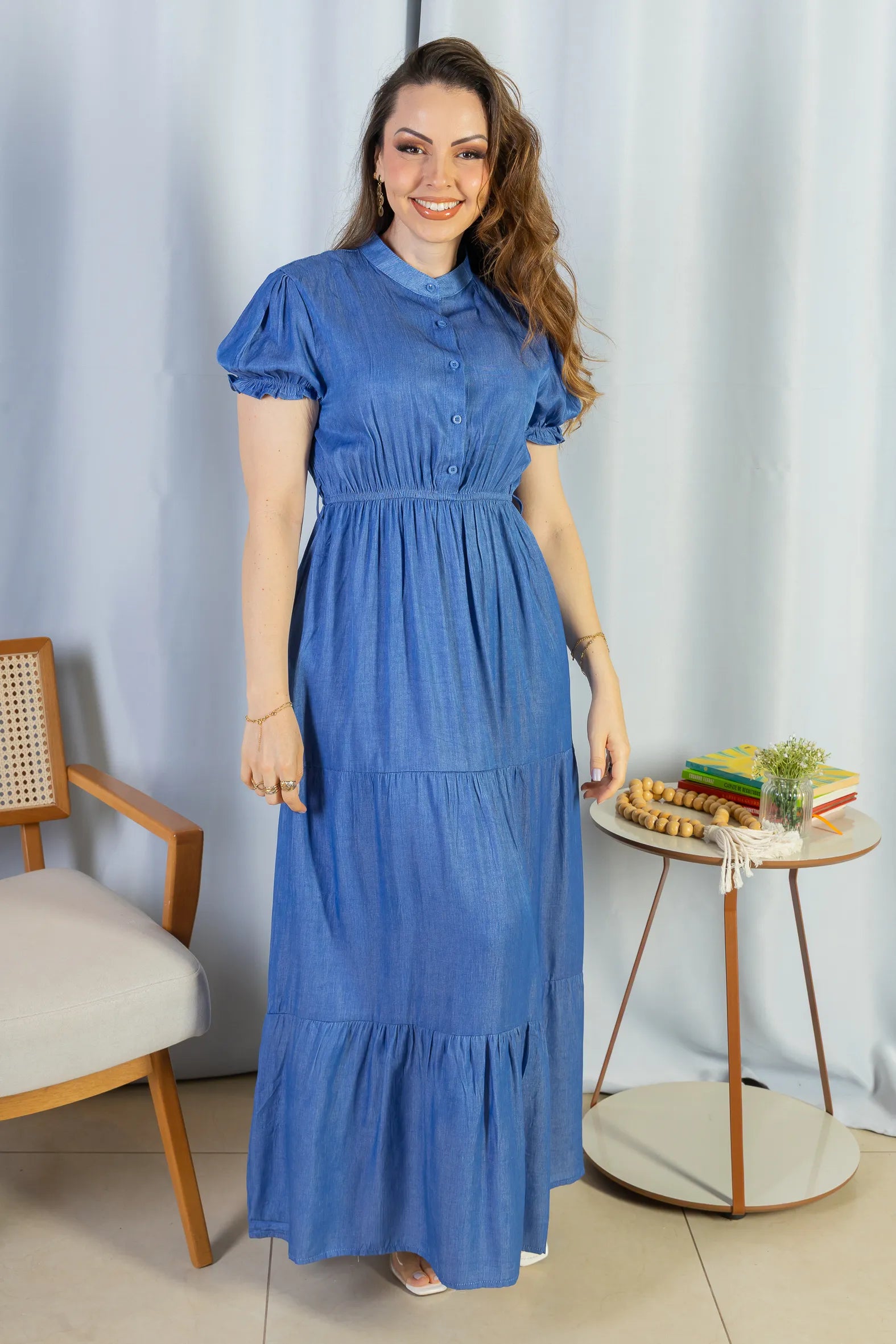 Vestido Logo Detalhe Botão Lyocell Vitória Azul Escuro