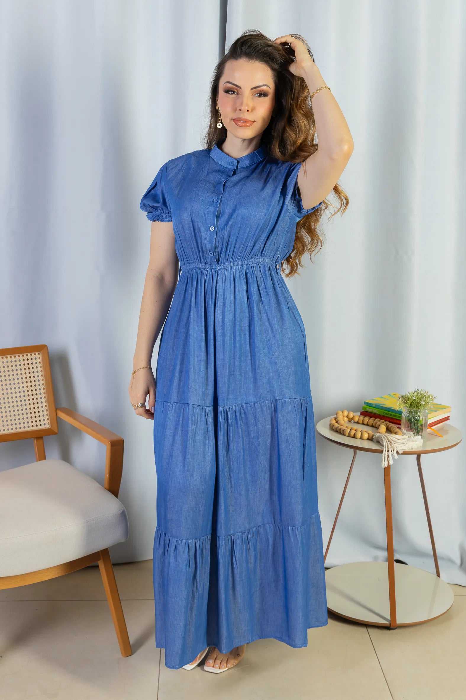 Vestido Logo Detalhe Botão Lyocell Vitória Azul Escuro