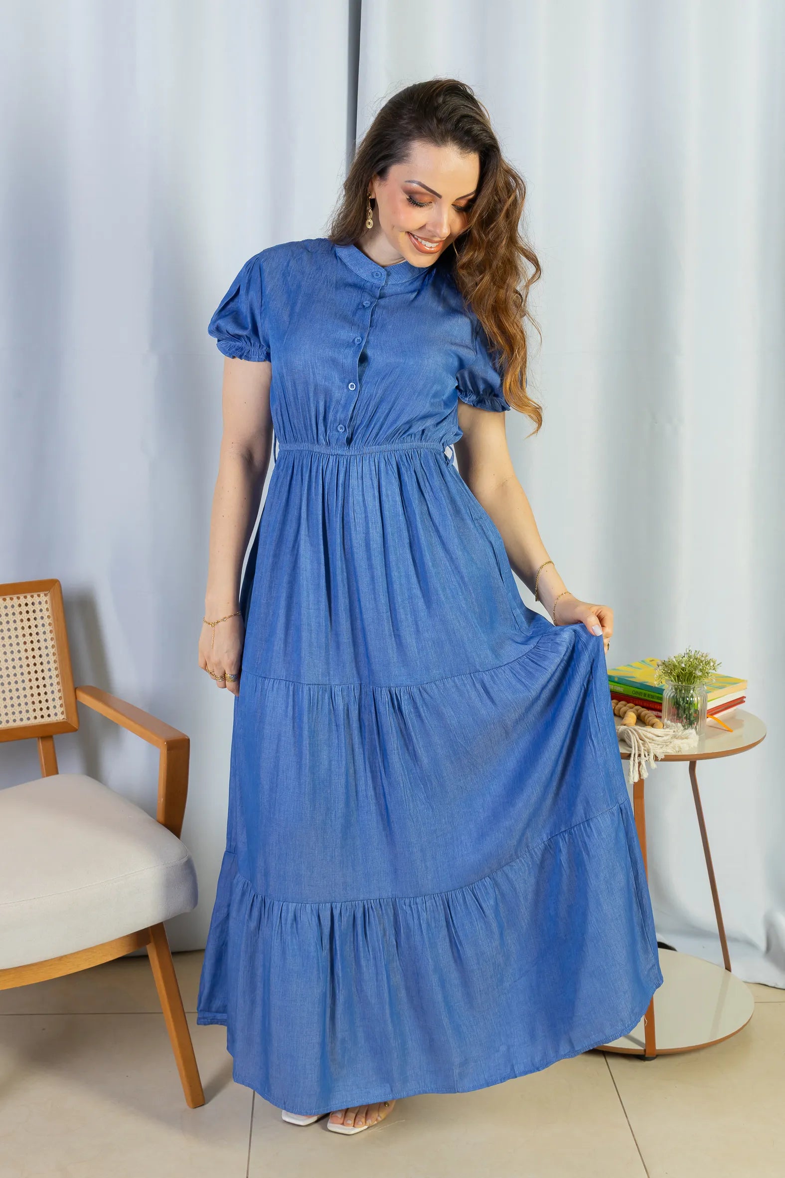 Vestido Logo Detalhe Botão Lyocell Vitória Azul Escuro