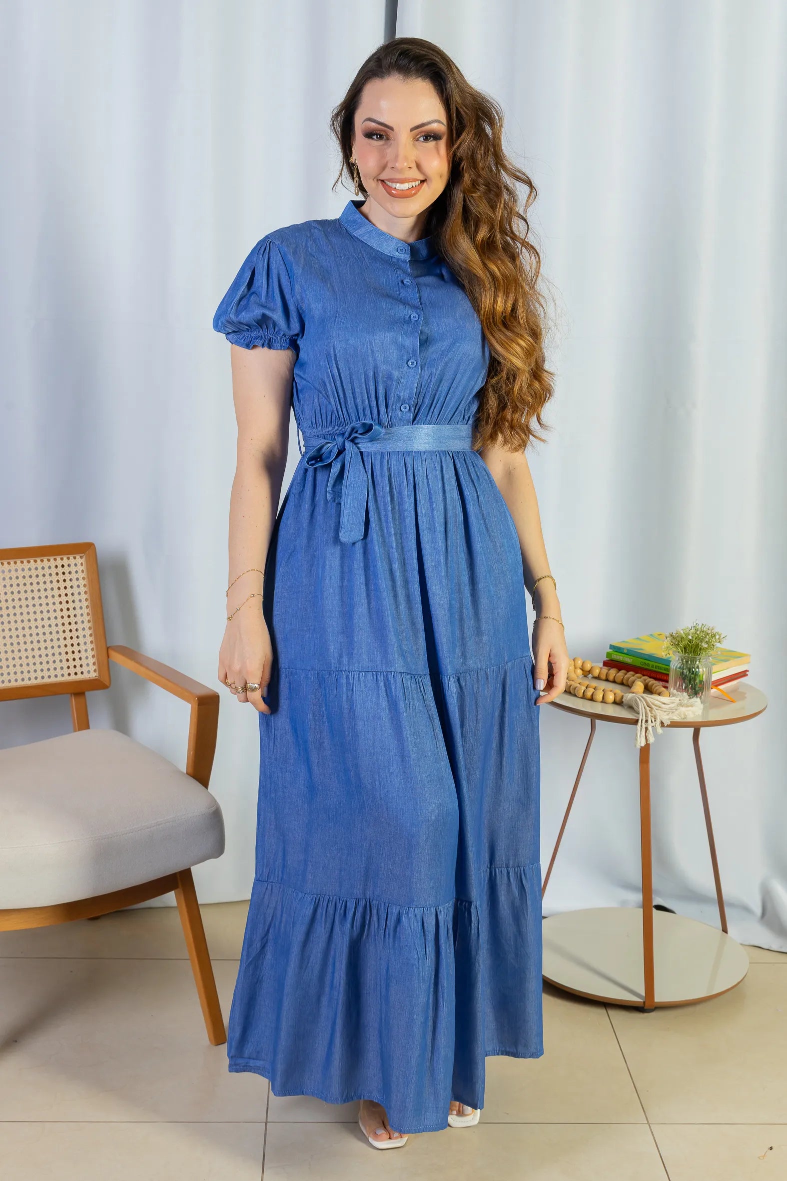 Vestido Logo Detalhe Botão Lyocell Vitória Azul Escuro