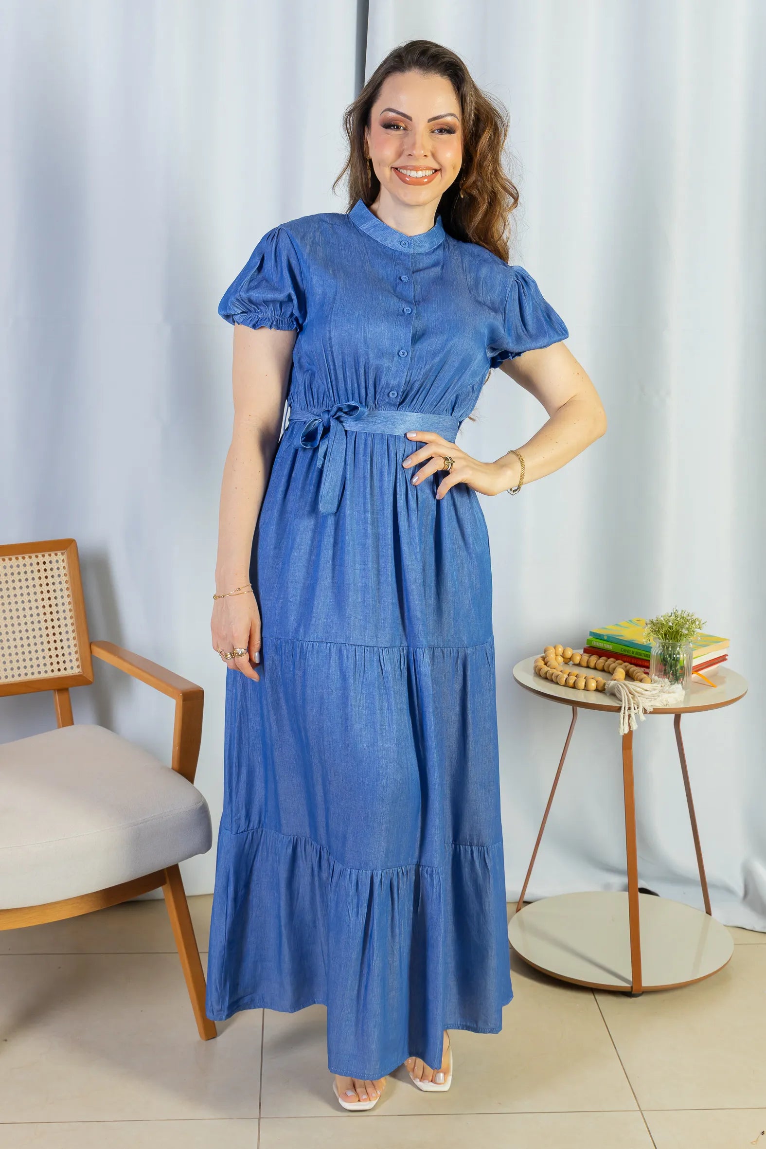 Vestido Logo Detalhe Botão Lyocell Vitória Azul Escuro