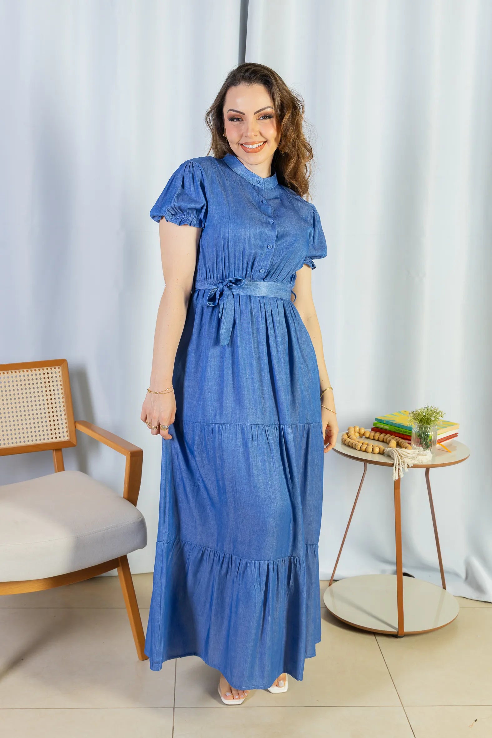 Vestido Logo Detalhe Botão Lyocell Vitória Azul Escuro