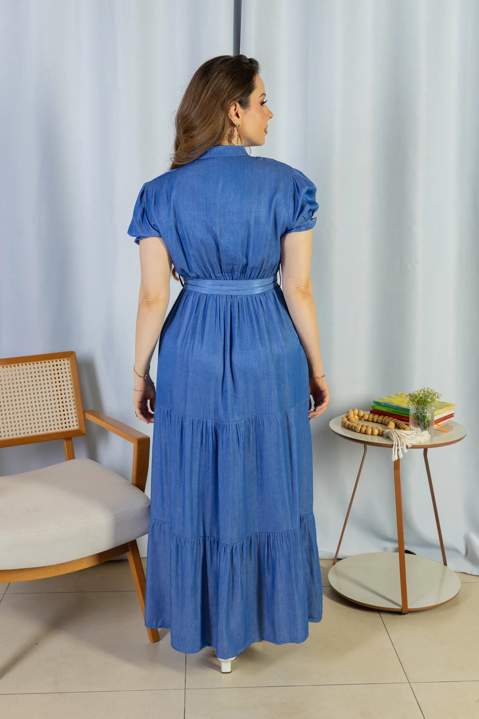 Vestido Logo Detalhe Botão Lyocell Vitória Azul Escuro