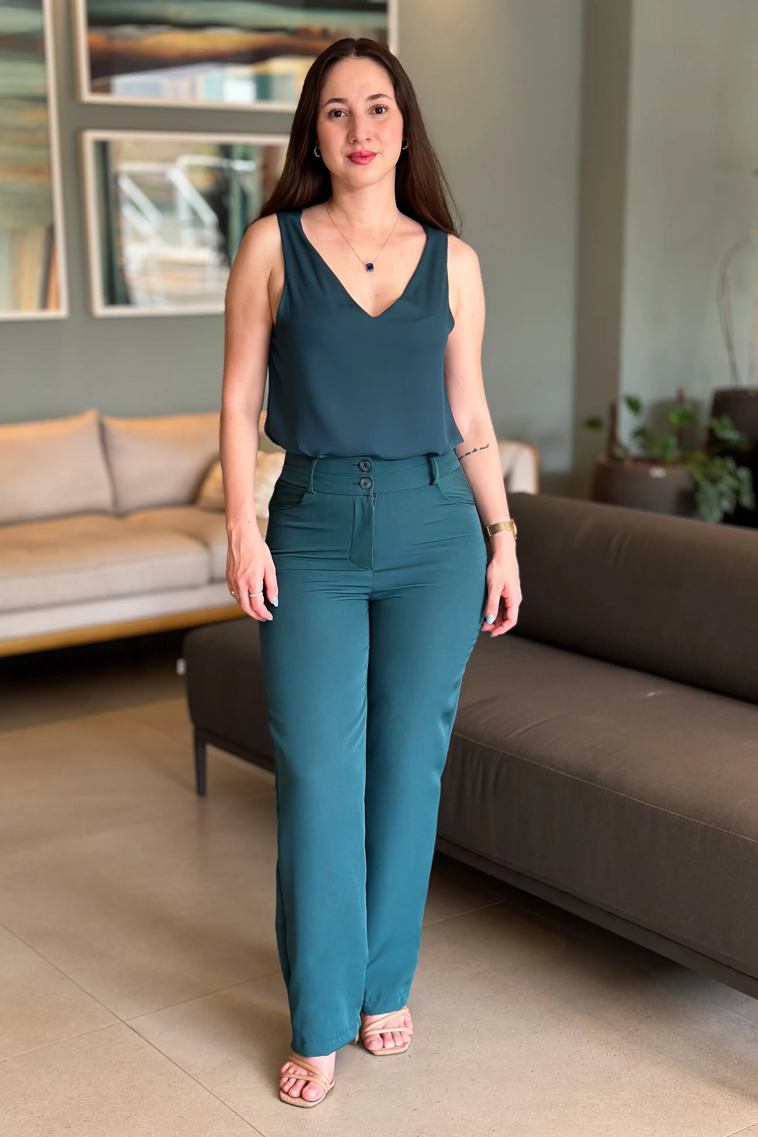 Calça Alfaiataria Corte Reto Ana Julia Verde Petróleo