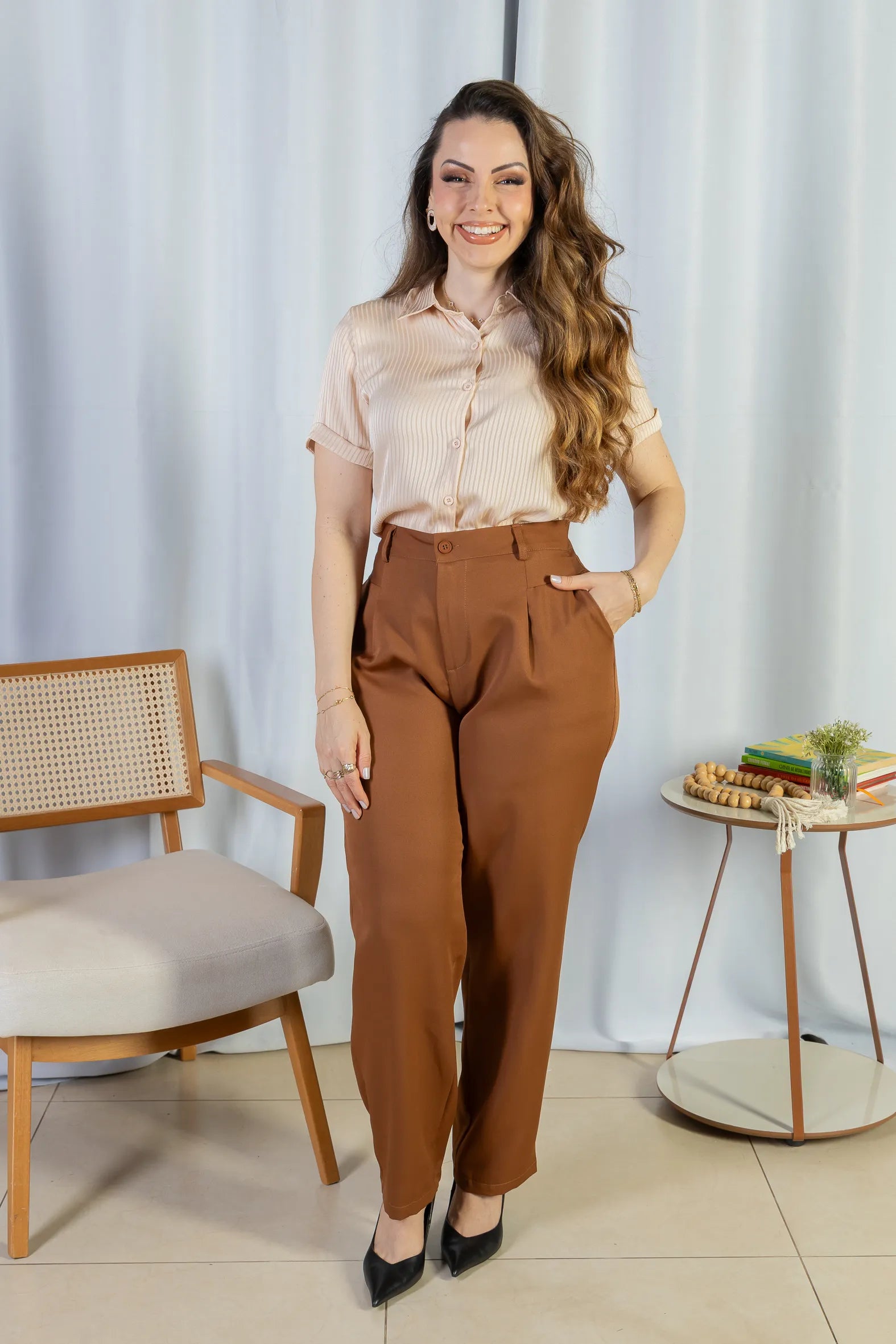 Camisa Manga Curta Crepe Acetinado Glaucia Creme