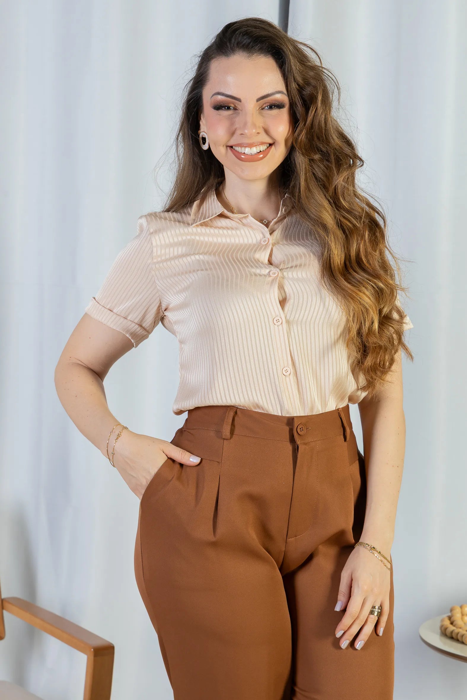 Camisa Manga Curta Crepe Acetinado Glaucia Creme